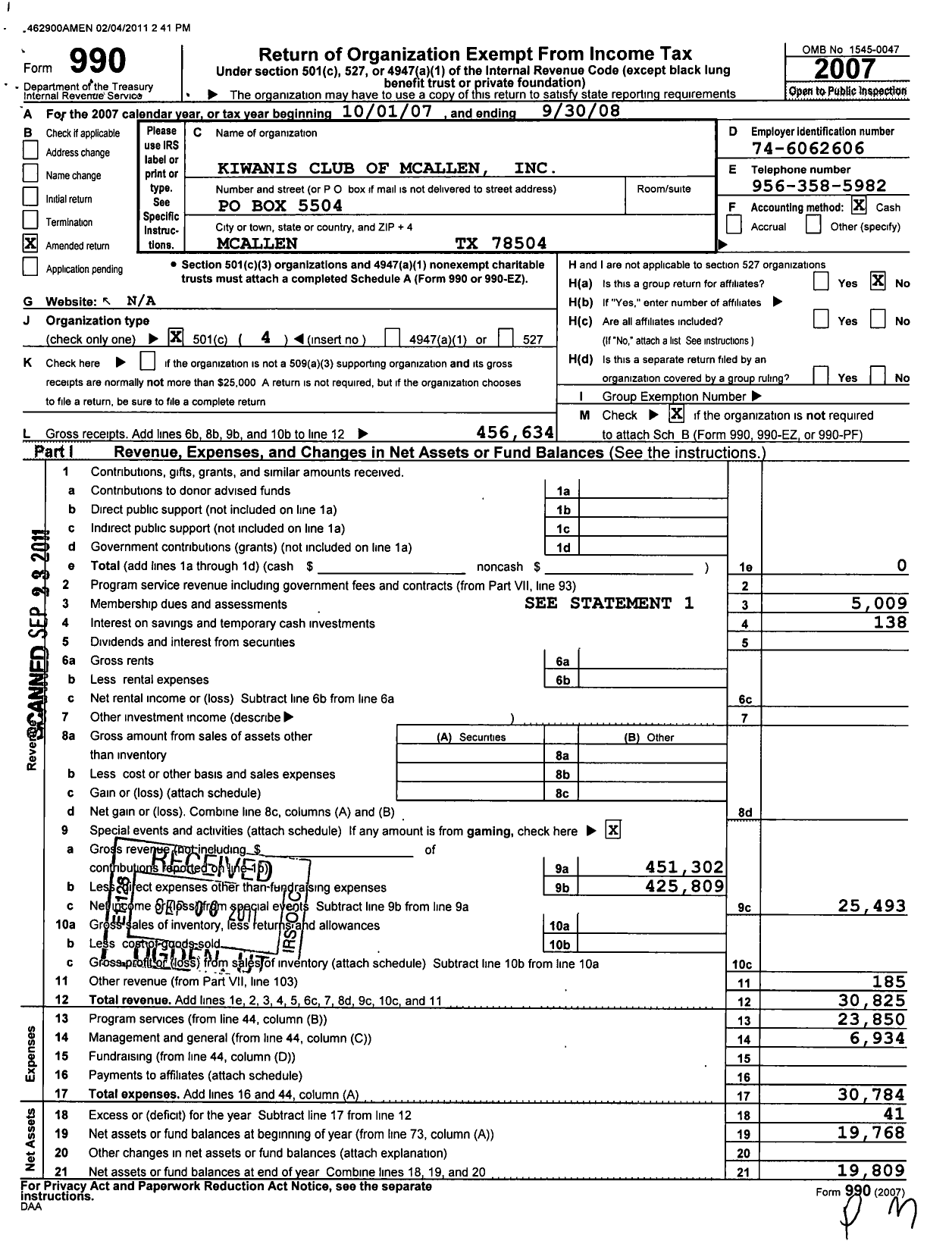 Image of first page of 2007 Form 990O for Kiwanis International - K02040 MC Allen