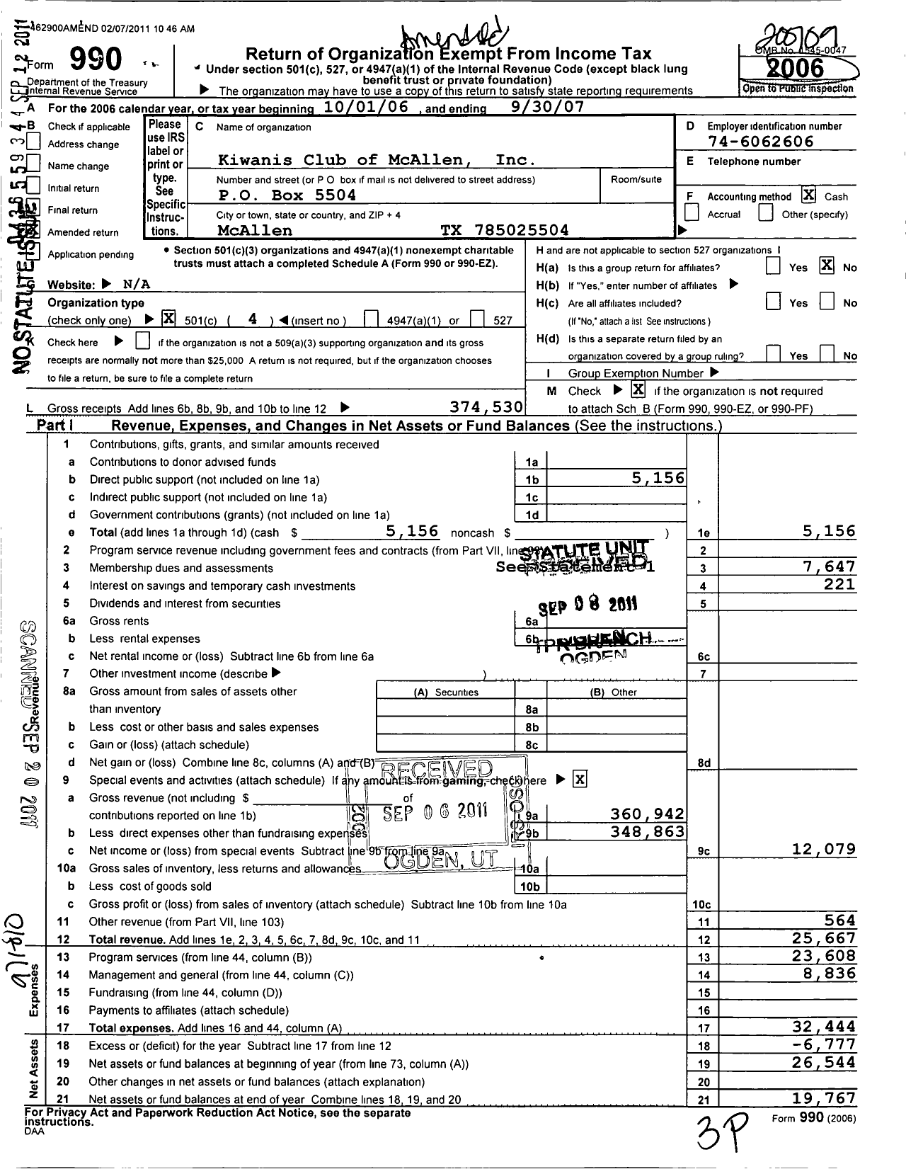 Image of first page of 2006 Form 990O for Kiwanis International - K02040 MC Allen