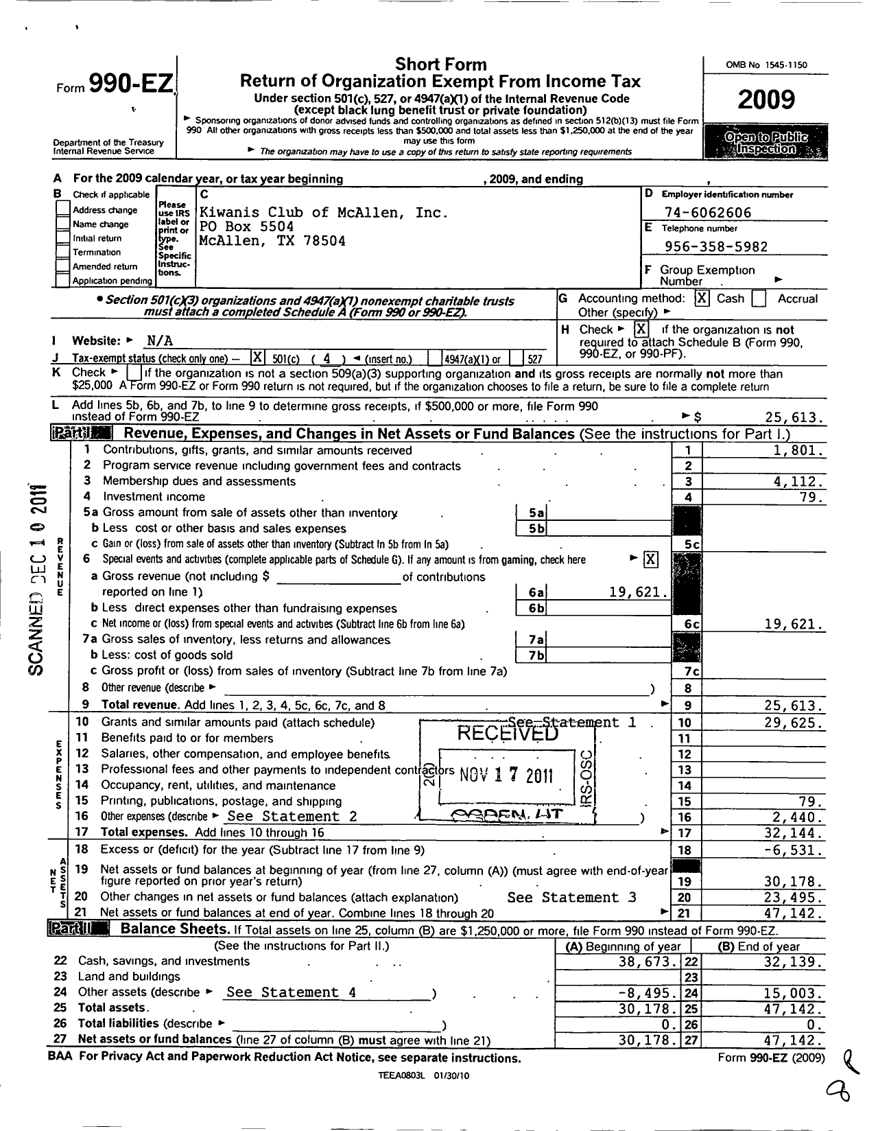 Image of first page of 2009 Form 990EO for Kiwanis International - K02040 MC Allen