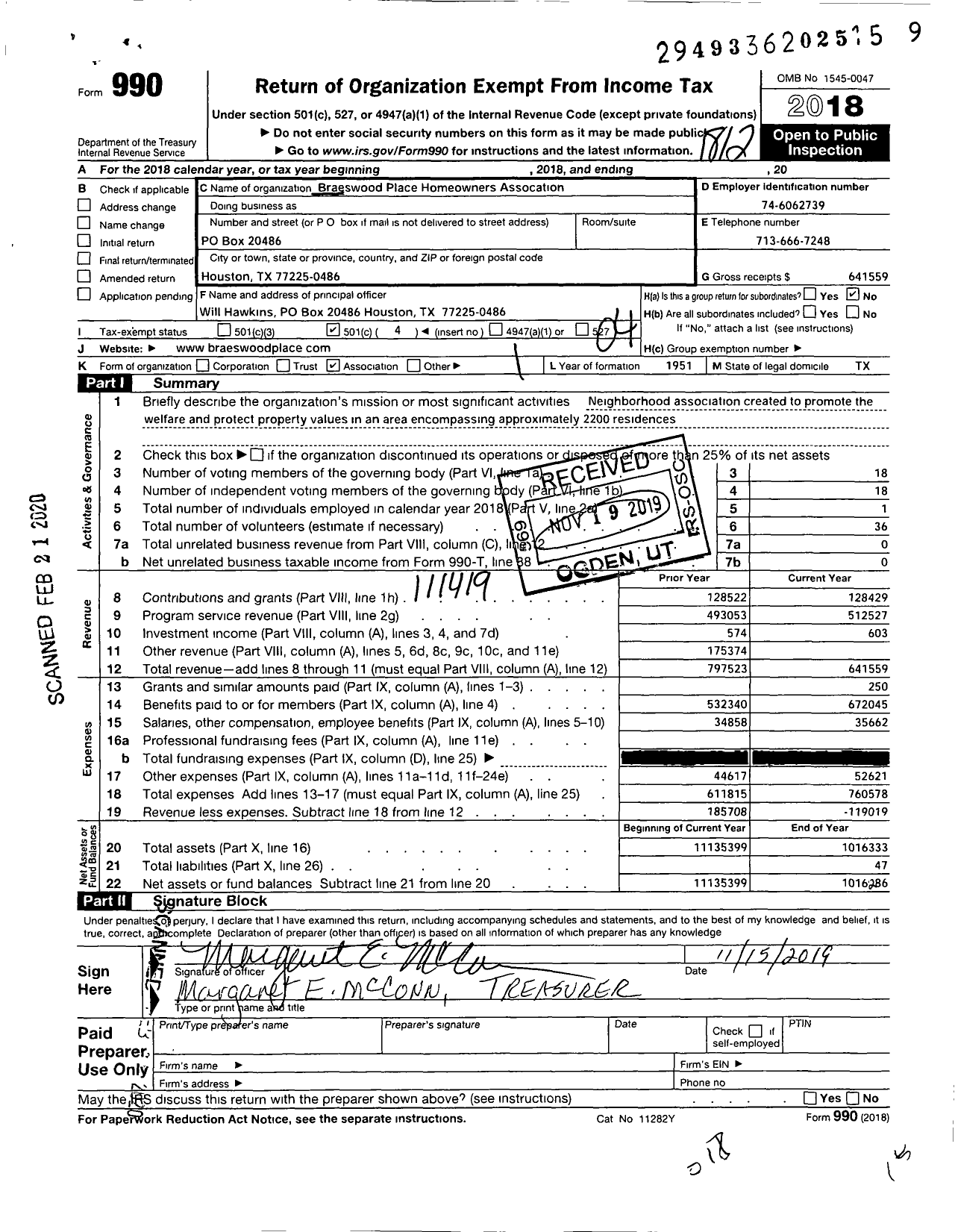 Image of first page of 2018 Form 990O for Braeswood Place Homeowners Association