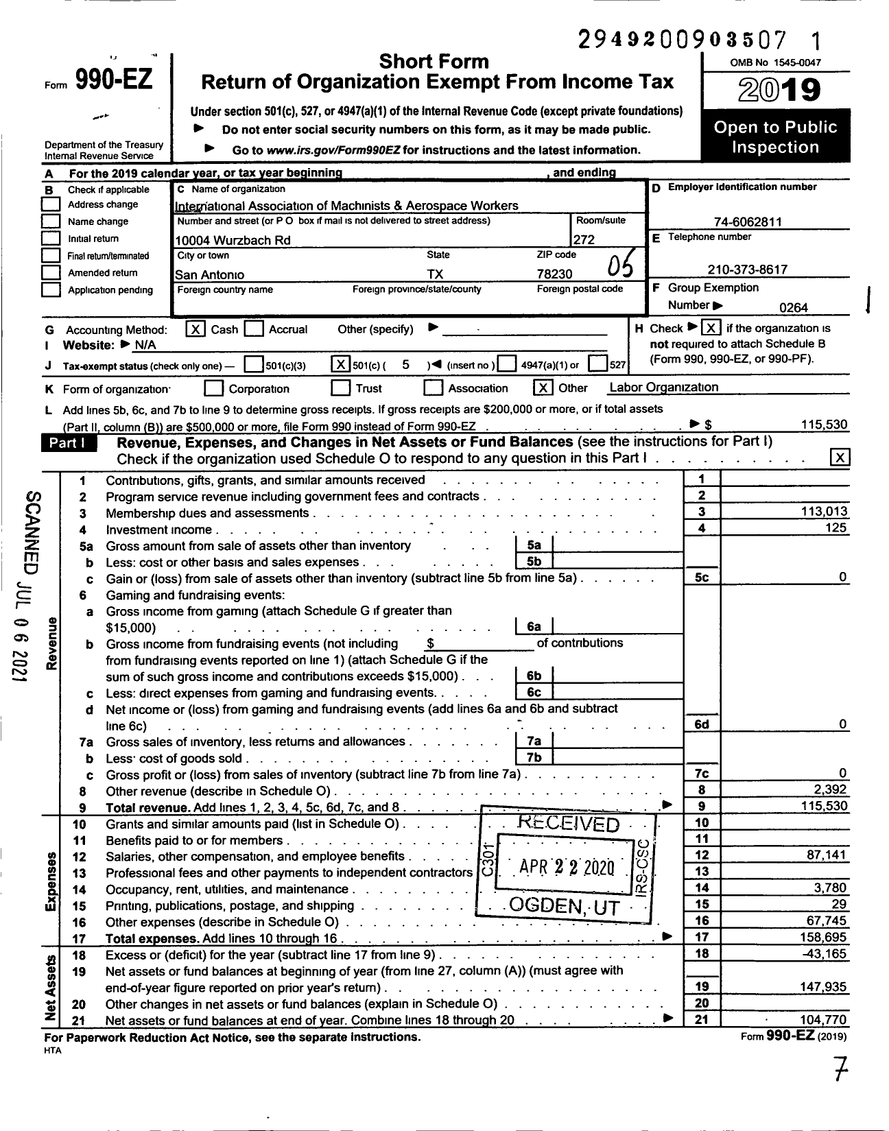 Image of first page of 2019 Form 990EO for International Association of Machinists and Aerospace Workers - Local Lodge 2219