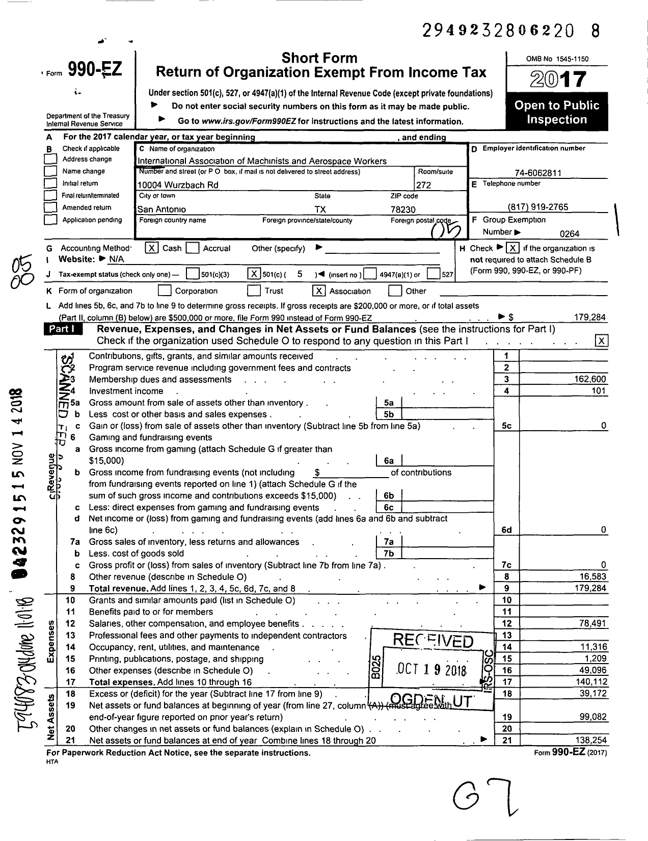 Image of first page of 2017 Form 990EO for International Association of Machinists and Aerospace Workers - Local Lodge 2219