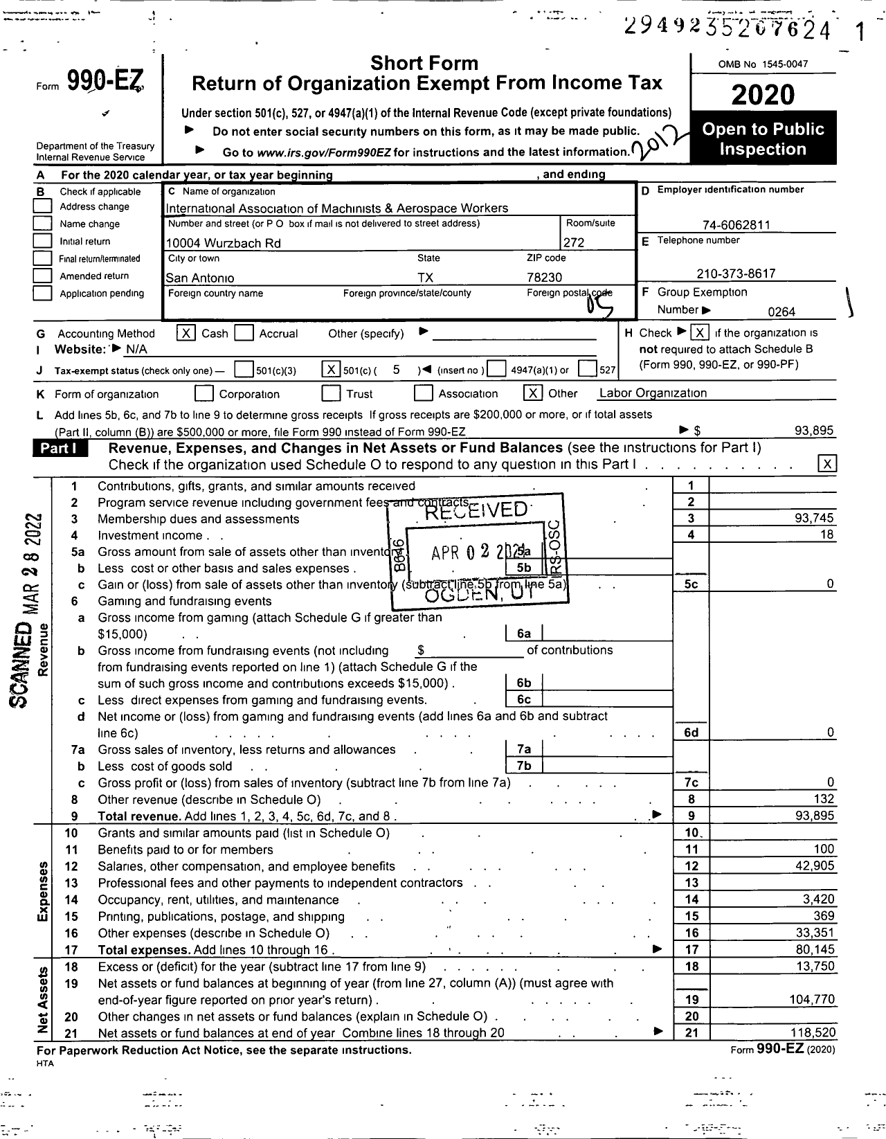 Image of first page of 2020 Form 990EO for International Association of Machinists and Aerospace Workers - Local Lodge 2219