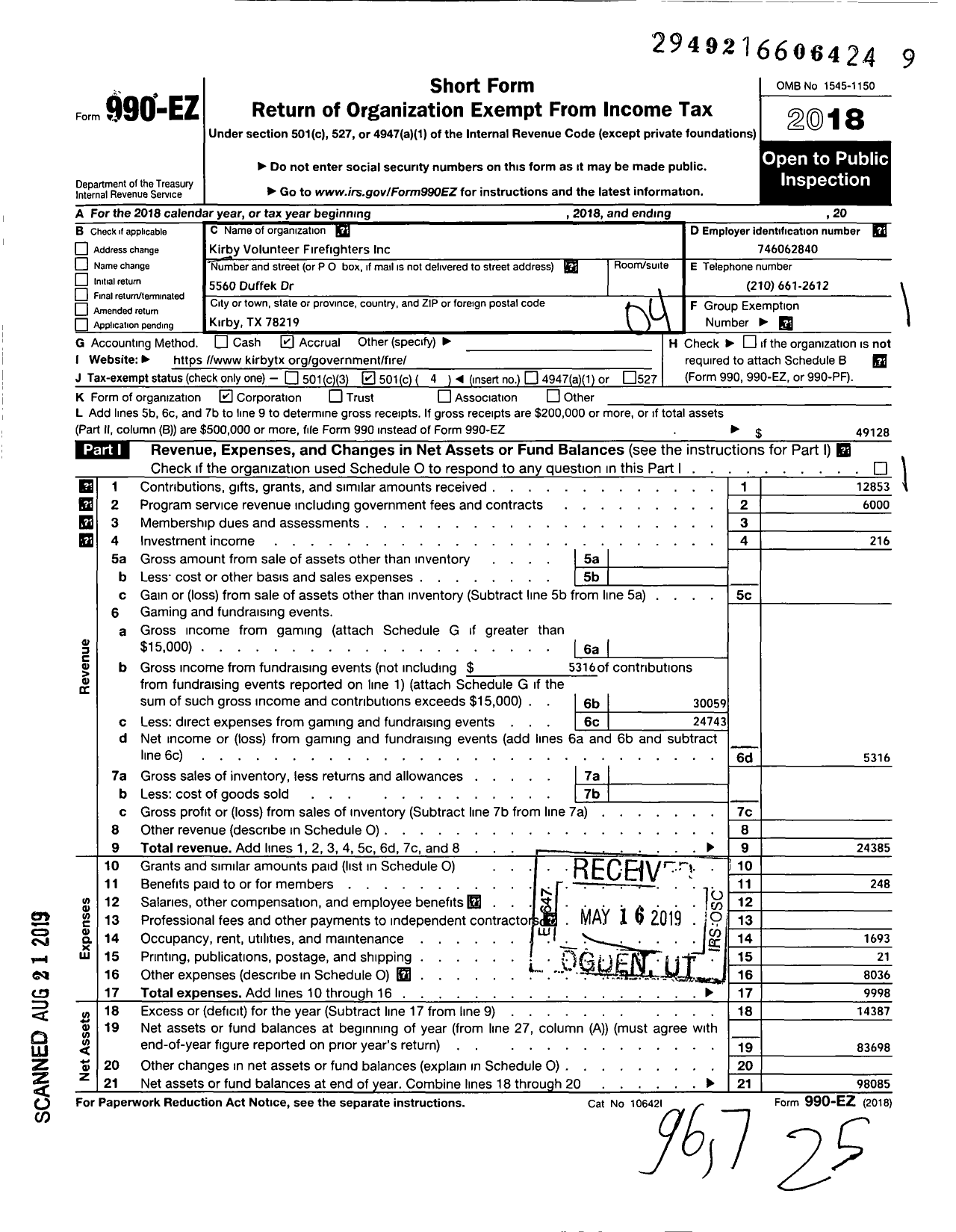 Image of first page of 2018 Form 990EO for Kirby Volunteer Firefighters