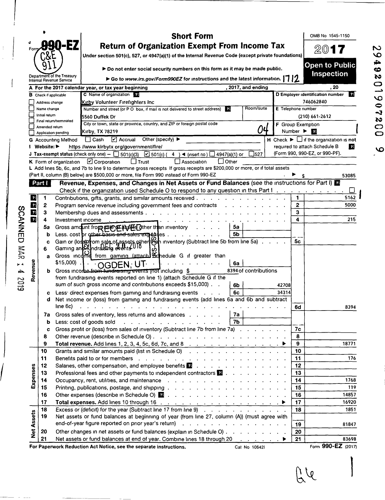 Image of first page of 2017 Form 990EO for Kirby Volunteer Firefighters