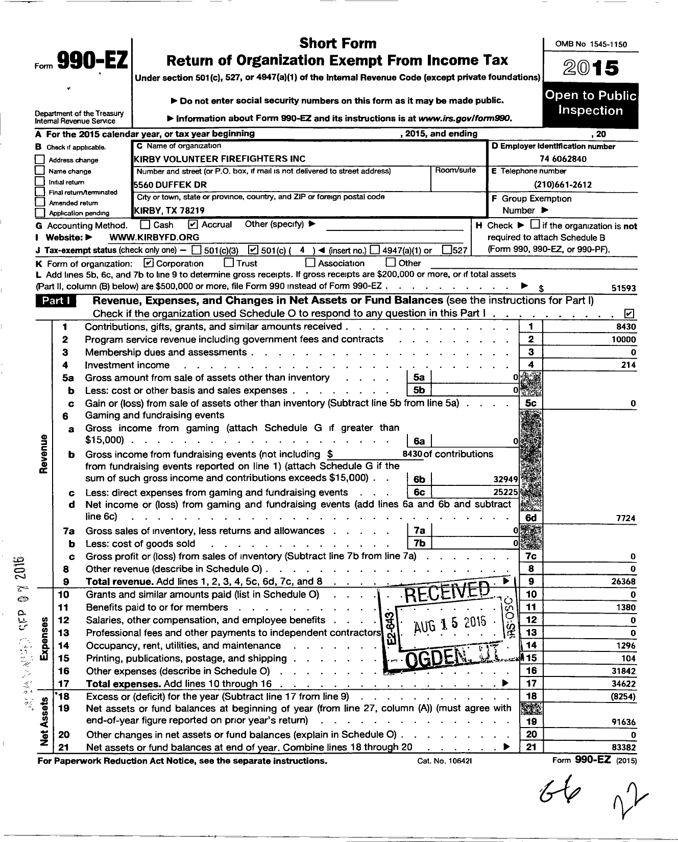 Image of first page of 2015 Form 990EO for Kirby Volunteer Firefighters