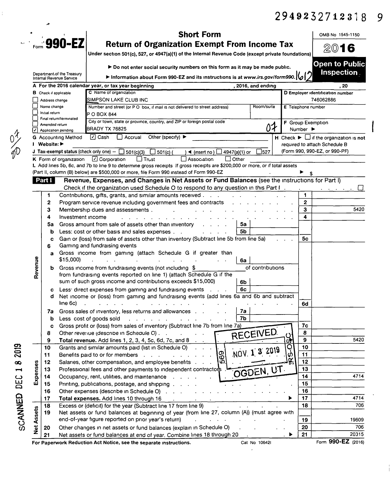 Image of first page of 2016 Form 990EO for Simpson Lake Club