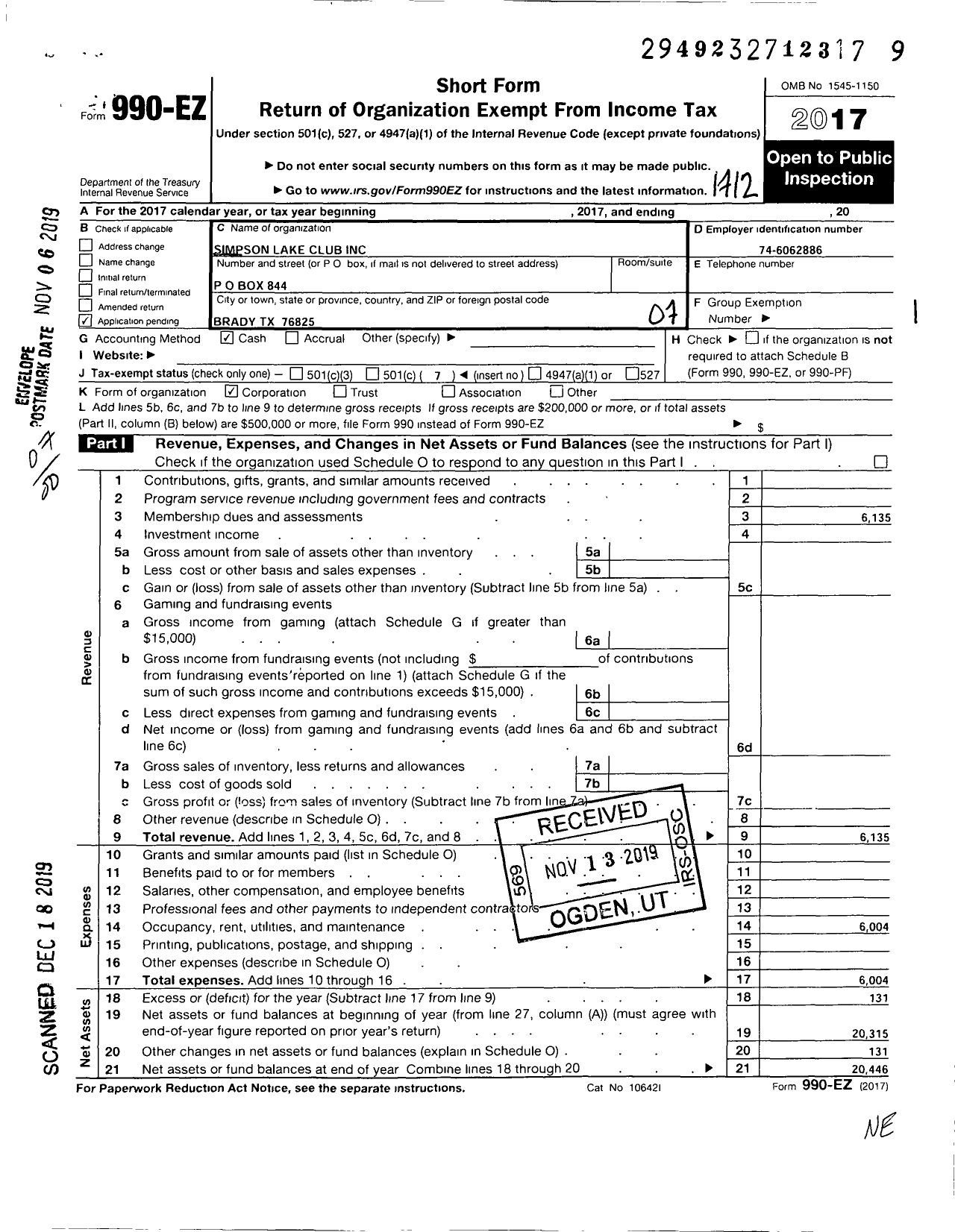 Image of first page of 2017 Form 990EO for Simpson Lake Club