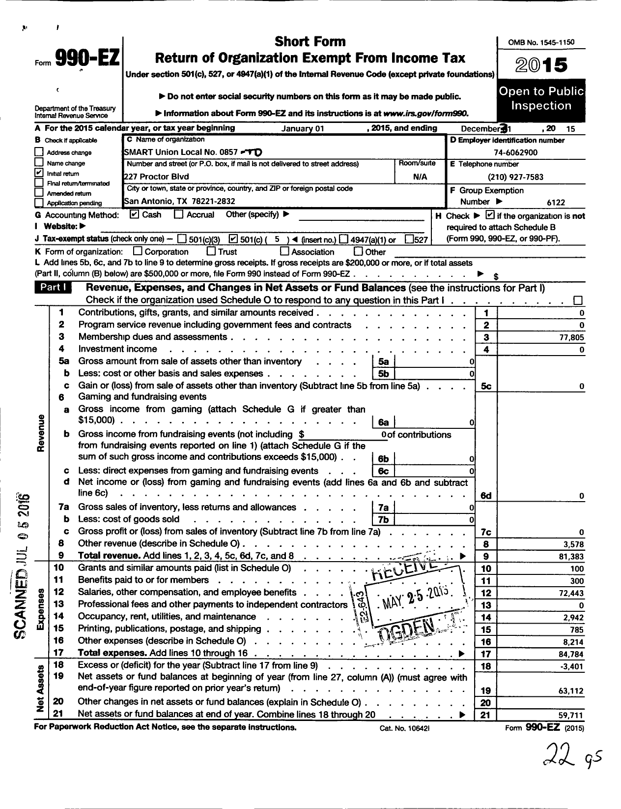 Image of first page of 2015 Form 990EO for Smart Union - 857 TD