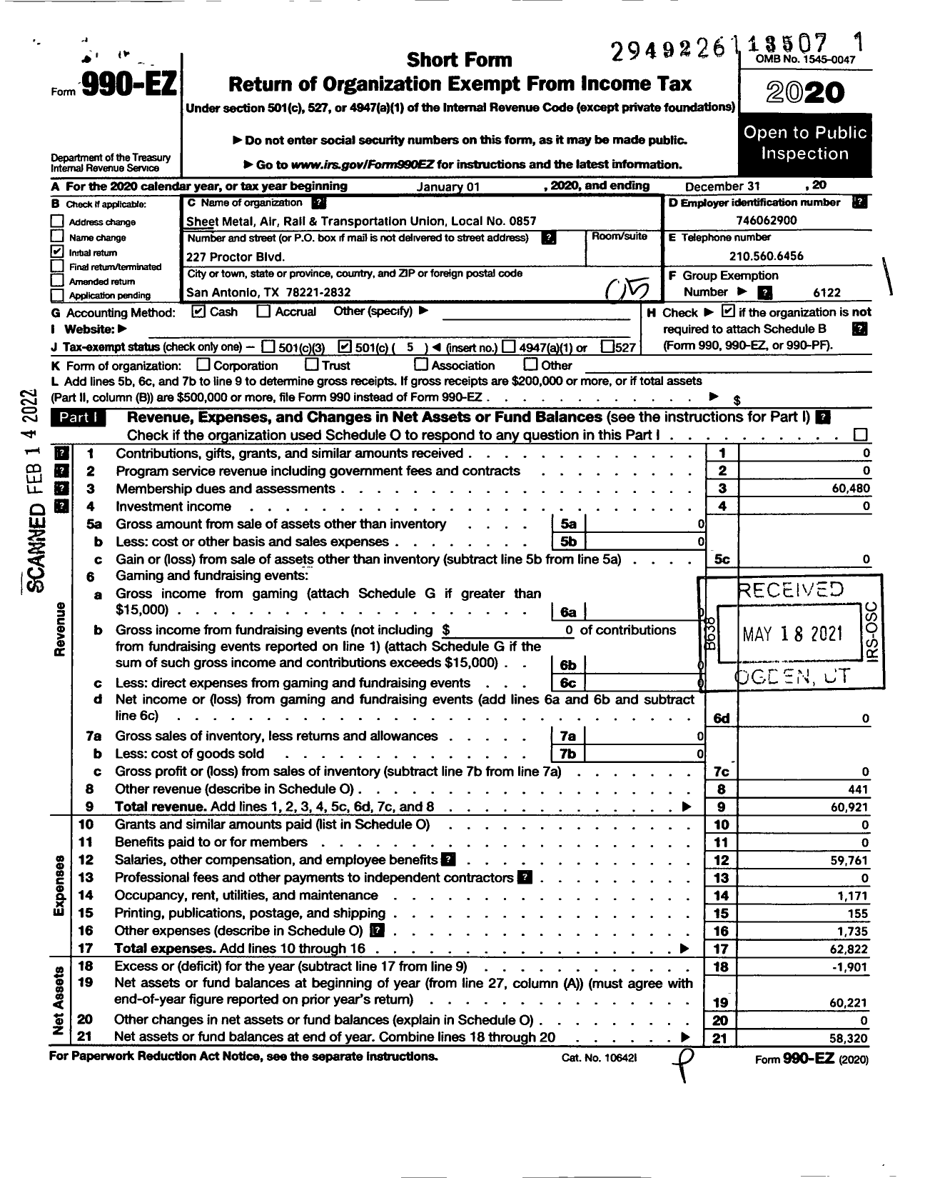 Image of first page of 2020 Form 990EO for Smart Union - 857 TD