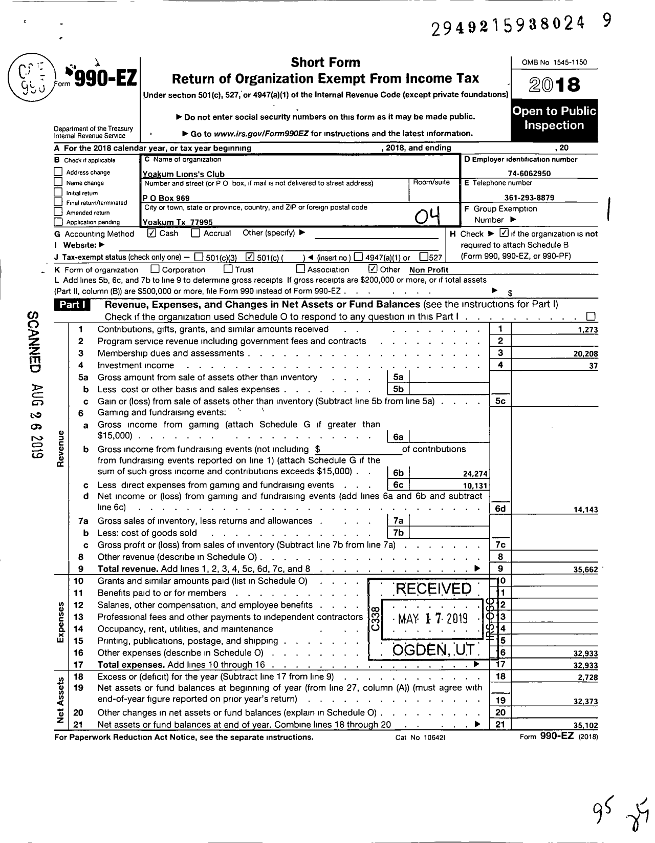 Image of first page of 2018 Form 990EO for Lions Clubs - 1659 Yoakum