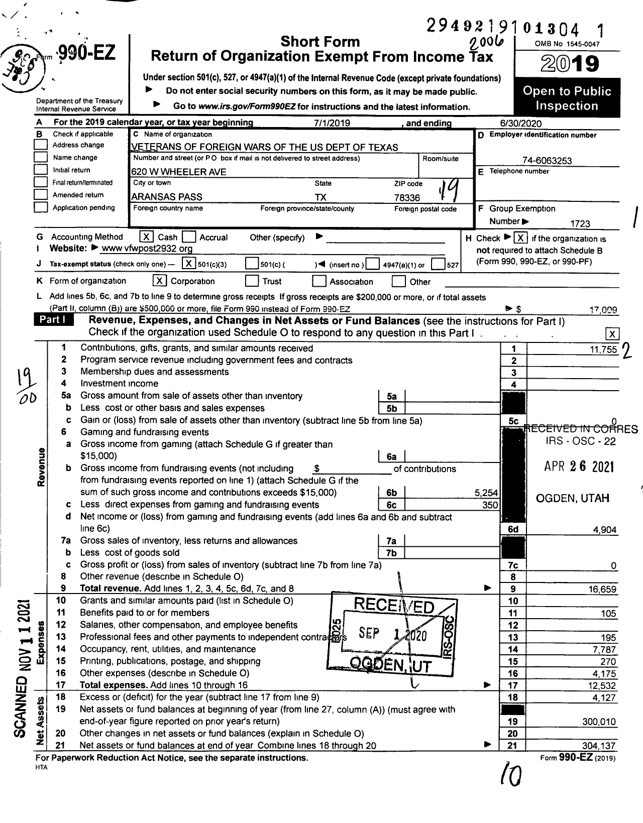 Image of first page of 2019 Form 990EO for Texas VFW - 2932 John Wiebel