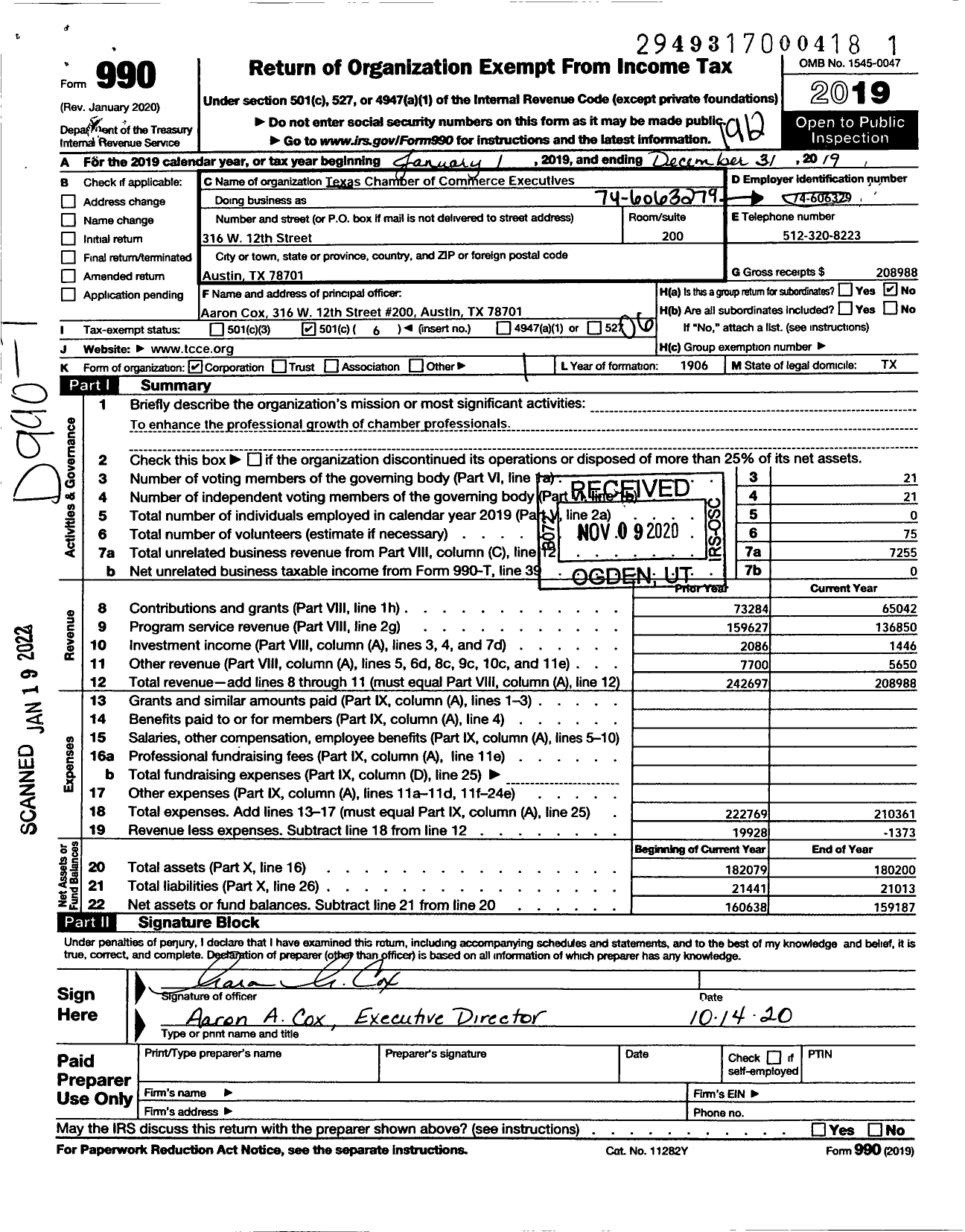 Image of first page of 2019 Form 990O for Texas Chamber of Commerce Executives