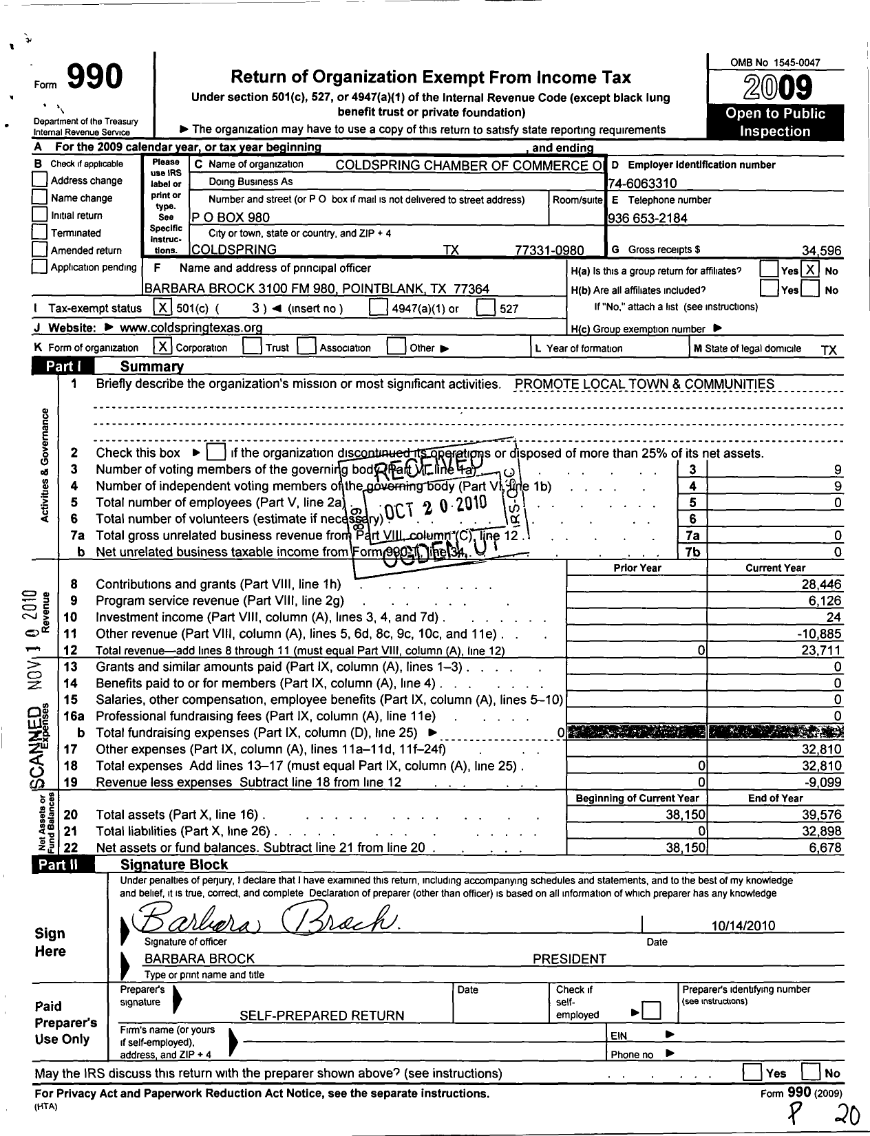 Image of first page of 2009 Form 990 for Coldspring Chamber of Commerce of Coldspring Texas