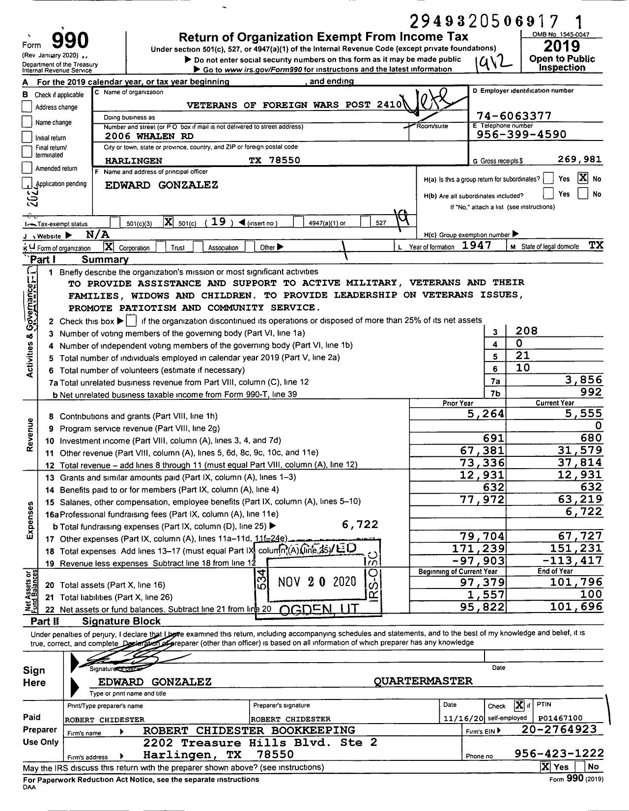Image of first page of 2019 Form 990O for Texas VFW - 2410 Harlingen-San Benito Memorial
