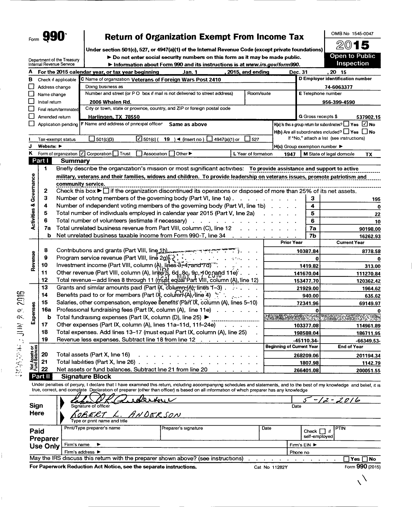 Image of first page of 2015 Form 990O for Texas VFW - 2410 Harlingen-San Benito Memorial