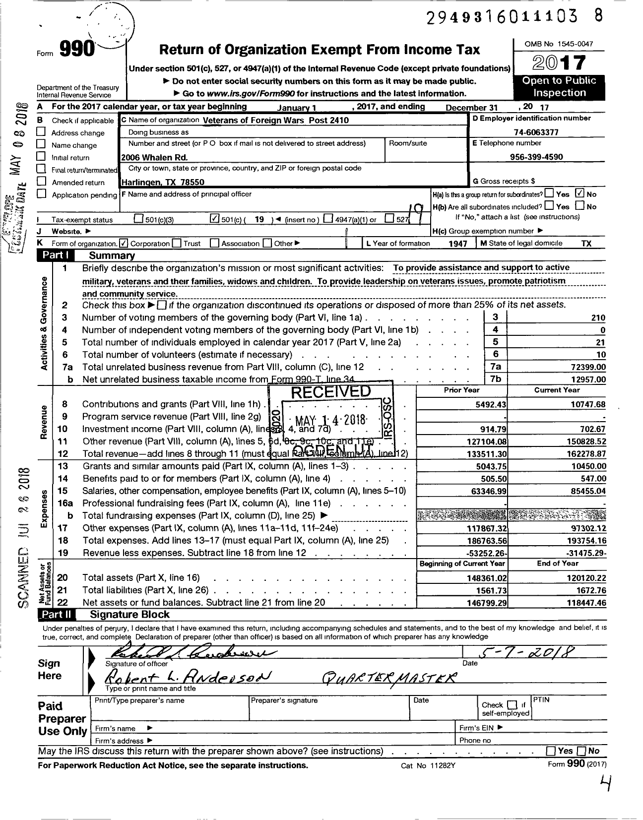 Image of first page of 2017 Form 990O for Texas VFW - 2410 Harlingen-San Benito Memorial