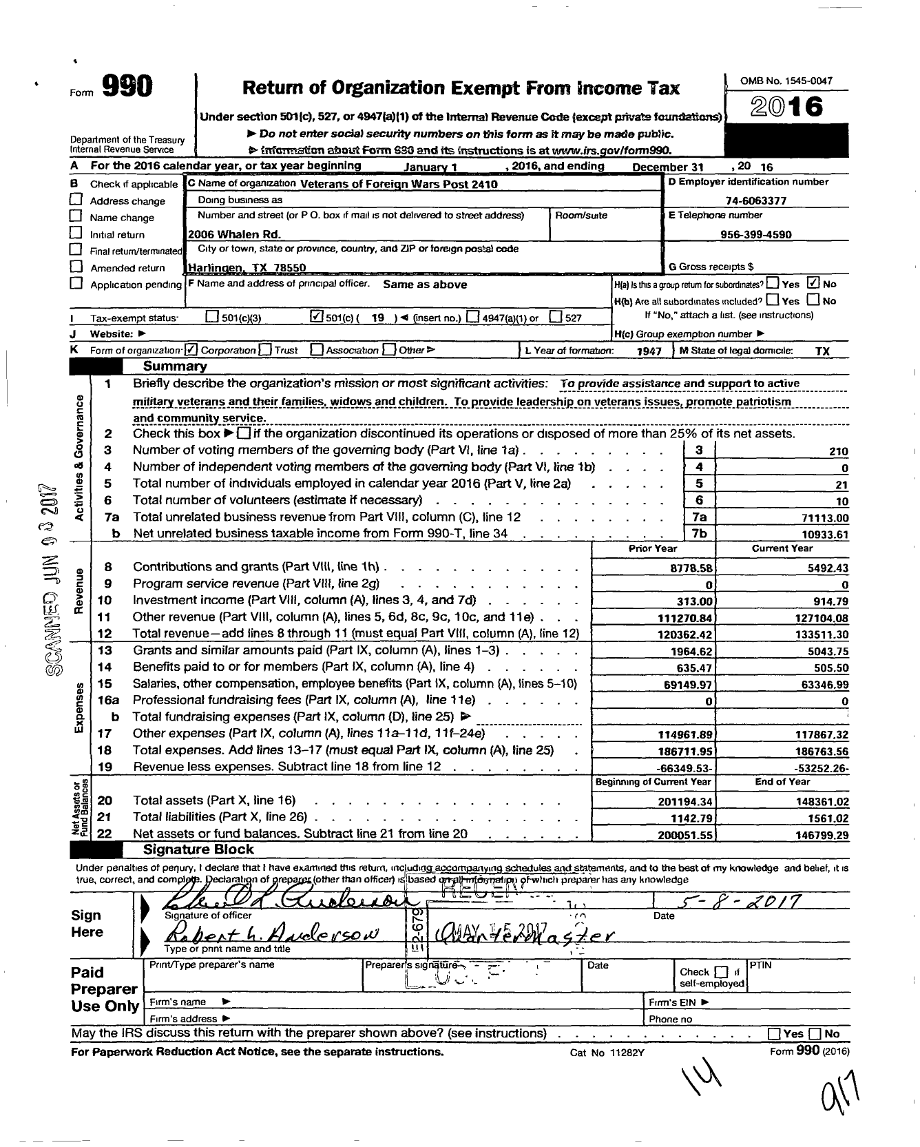 Image of first page of 2016 Form 990O for Texas VFW - 2410 Harlingen-San Benito Memorial