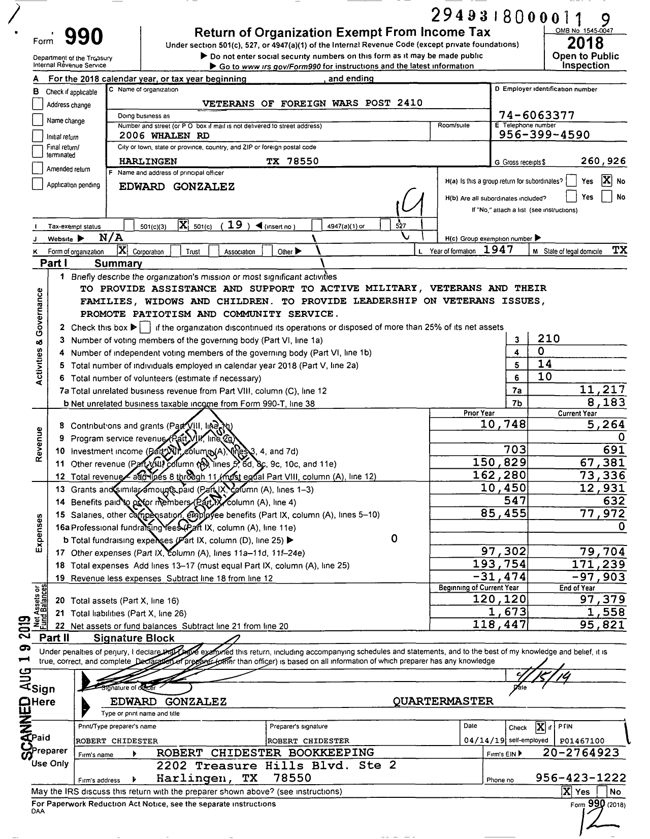 Image of first page of 2018 Form 990O for Texas VFW - 2410 Harlingen-San Benito Memorial