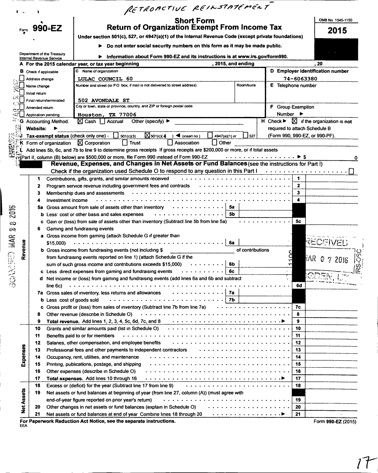 Image of first page of 2015 Form 990EO for League of United Latin America Citizens Council 60