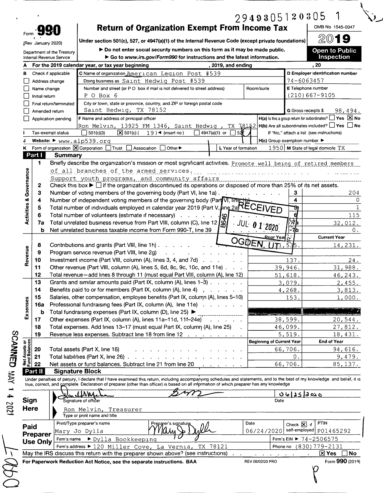 Image of first page of 2019 Form 990O for St Hedwig Post 539