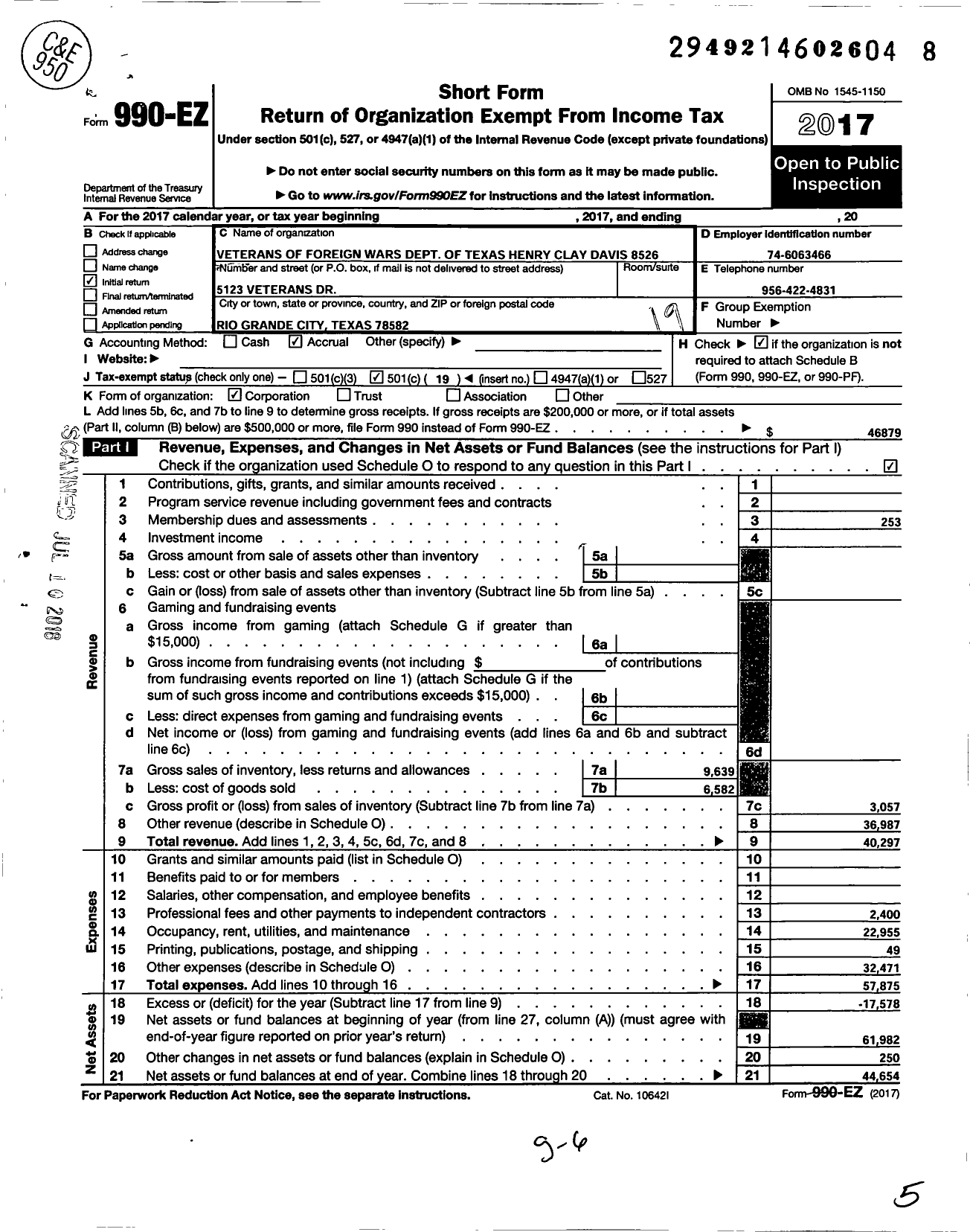 Image of first page of 2017 Form 990EO for Texas VFW - Henry Clay Davis Post 8526