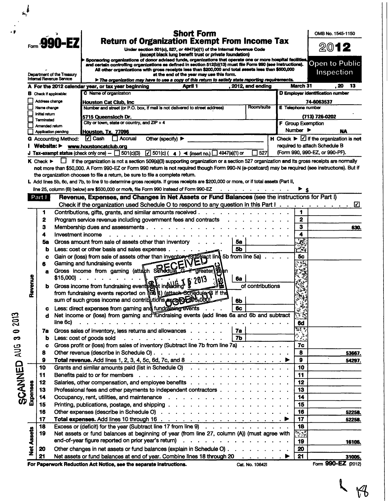 Image of first page of 2012 Form 990EO for Houston Cat Club