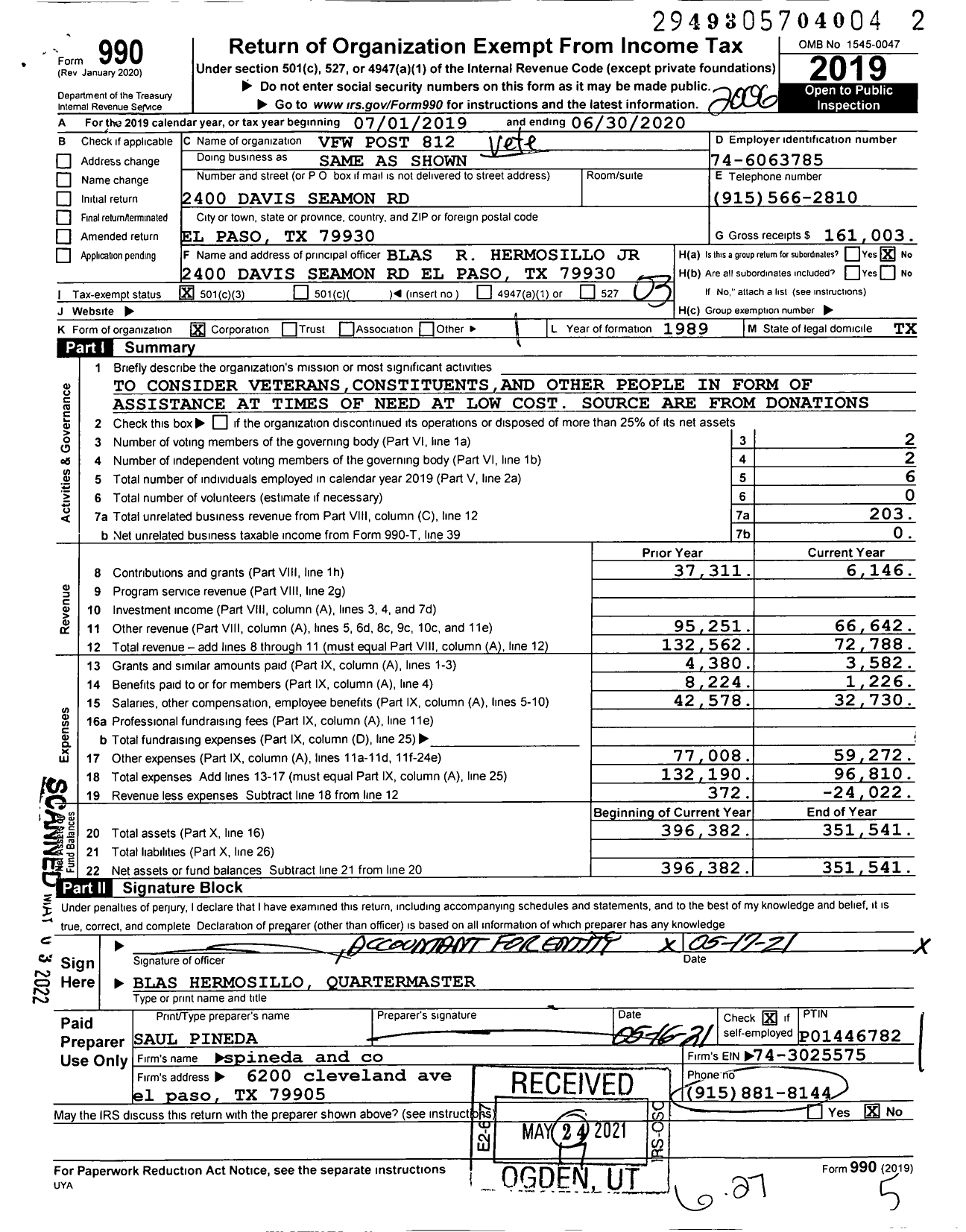 Image of first page of 2019 Form 990 for Texas VFW - United States Dept of Texas