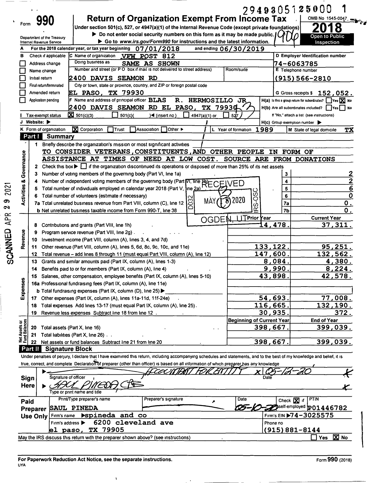 Image of first page of 2018 Form 990 for Texas VFW - United States Dept of Texas