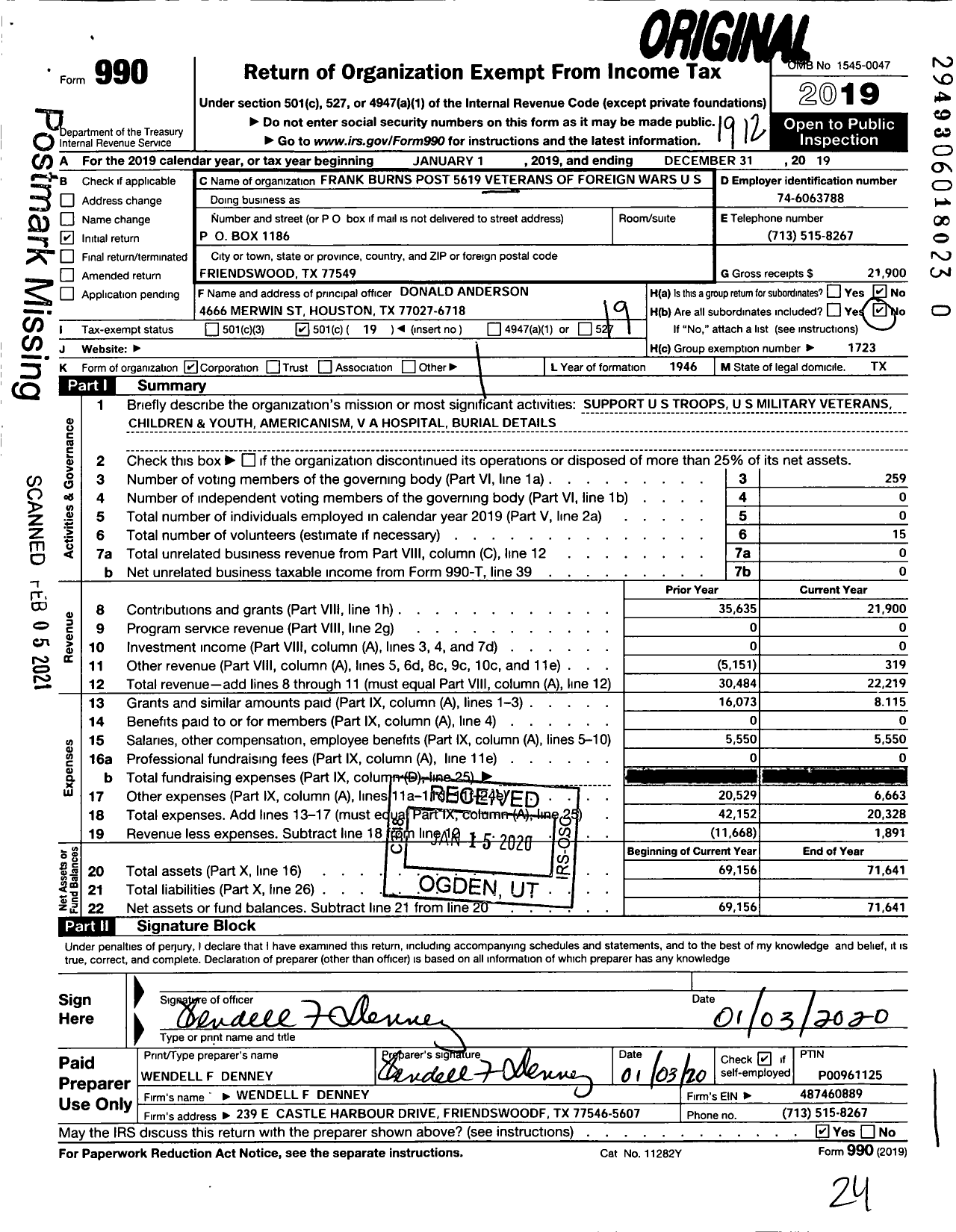 Image of first page of 2019 Form 990O for Texas VFW - 5619 Frank Burns