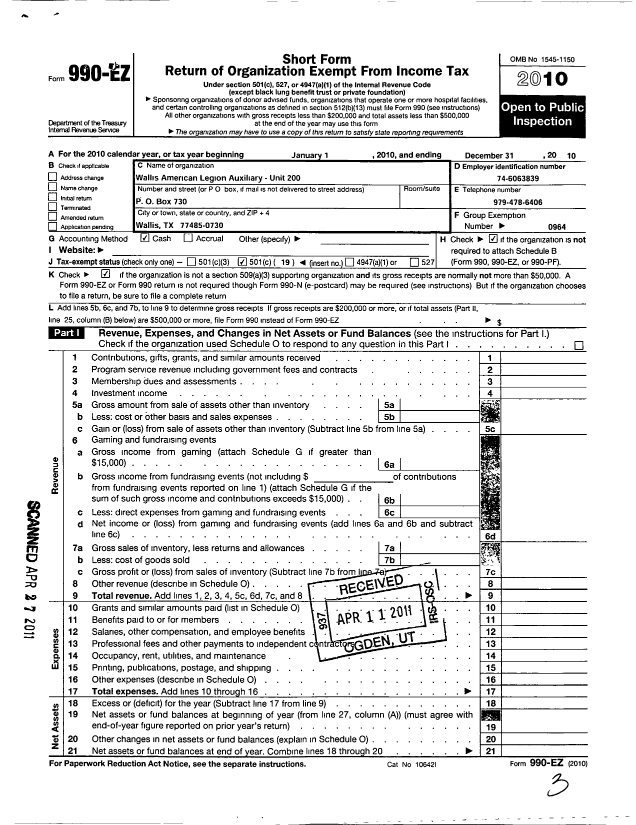 Image of first page of 2010 Form 990EO for American Legion Auxiliary - 200 Wallis