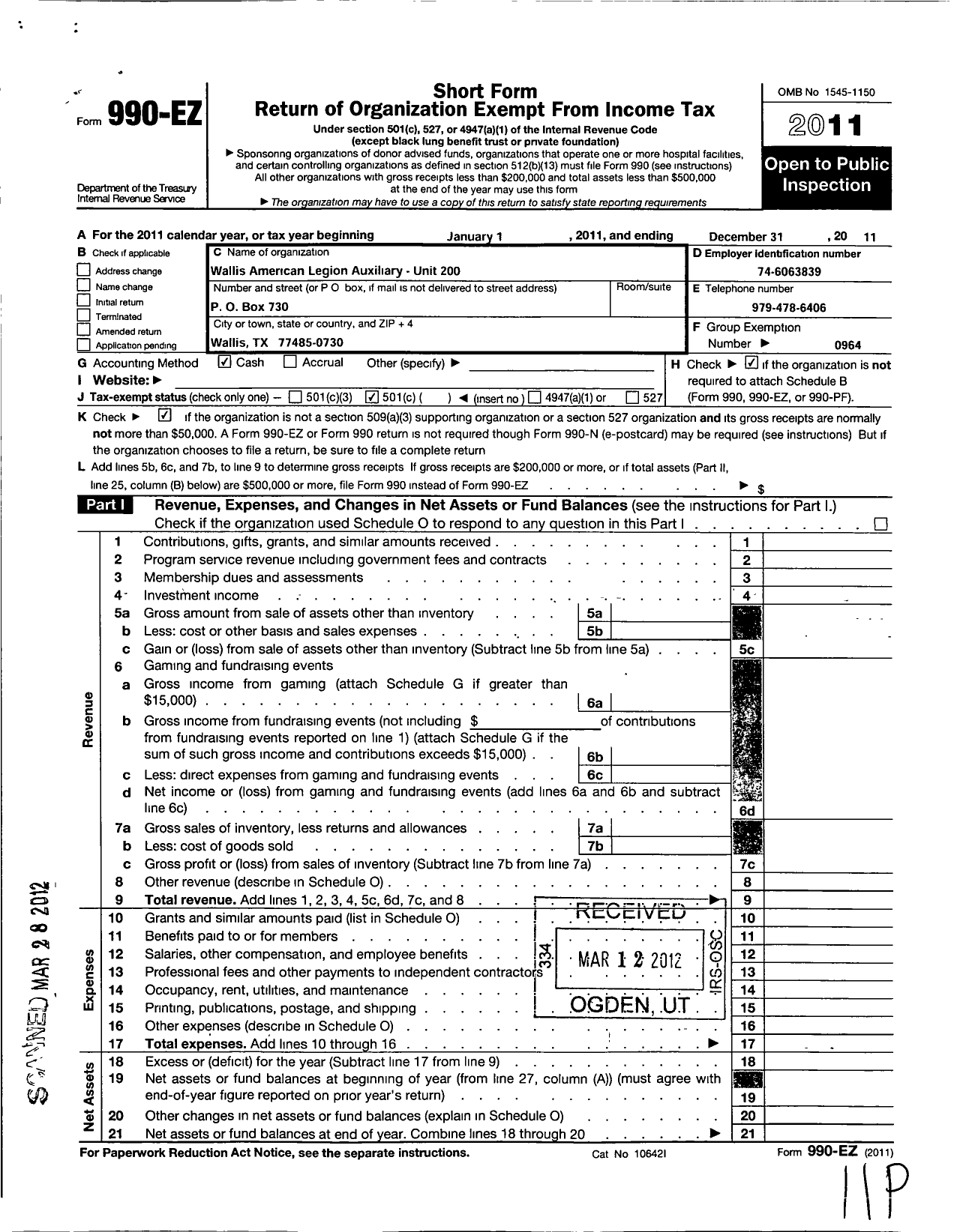 Image of first page of 2011 Form 990EO for American Legion Auxiliary - 200 Wallis