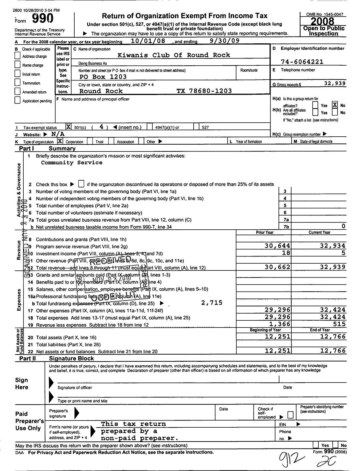 Image of first page of 2008 Form 990O for Kiwanis International - K03895 Round Rock