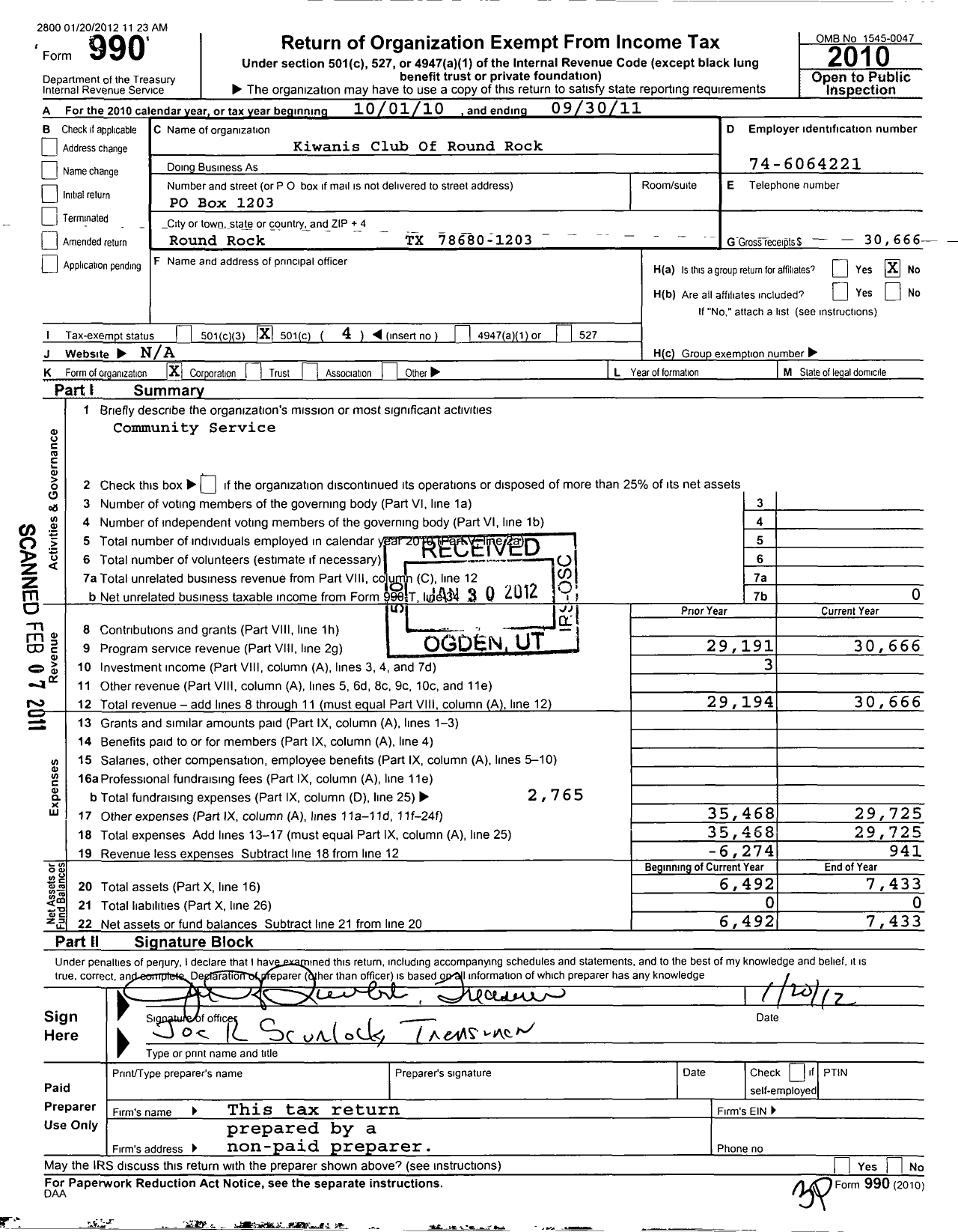 Image of first page of 2010 Form 990O for Kiwanis International - K03895 Round Rock