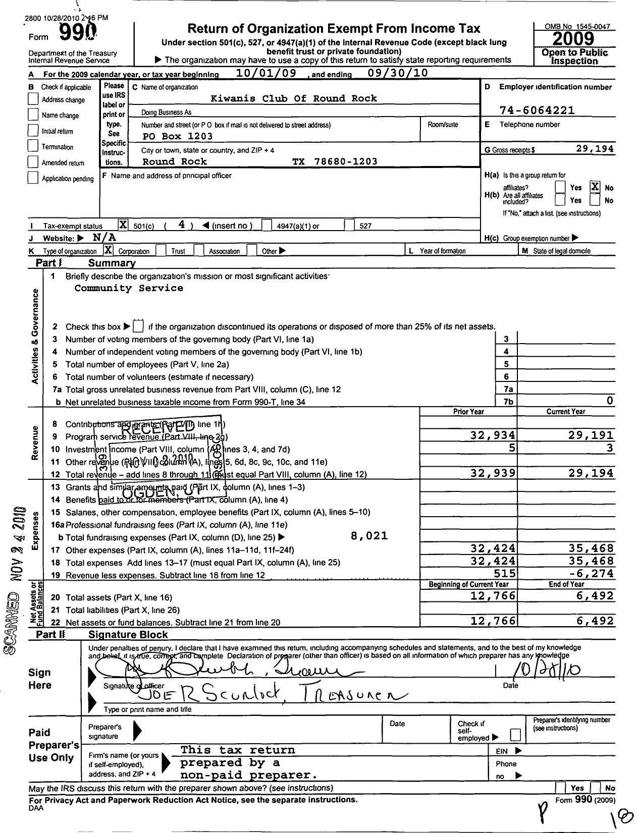 Image of first page of 2009 Form 990O for Kiwanis International - K03895 Round Rock