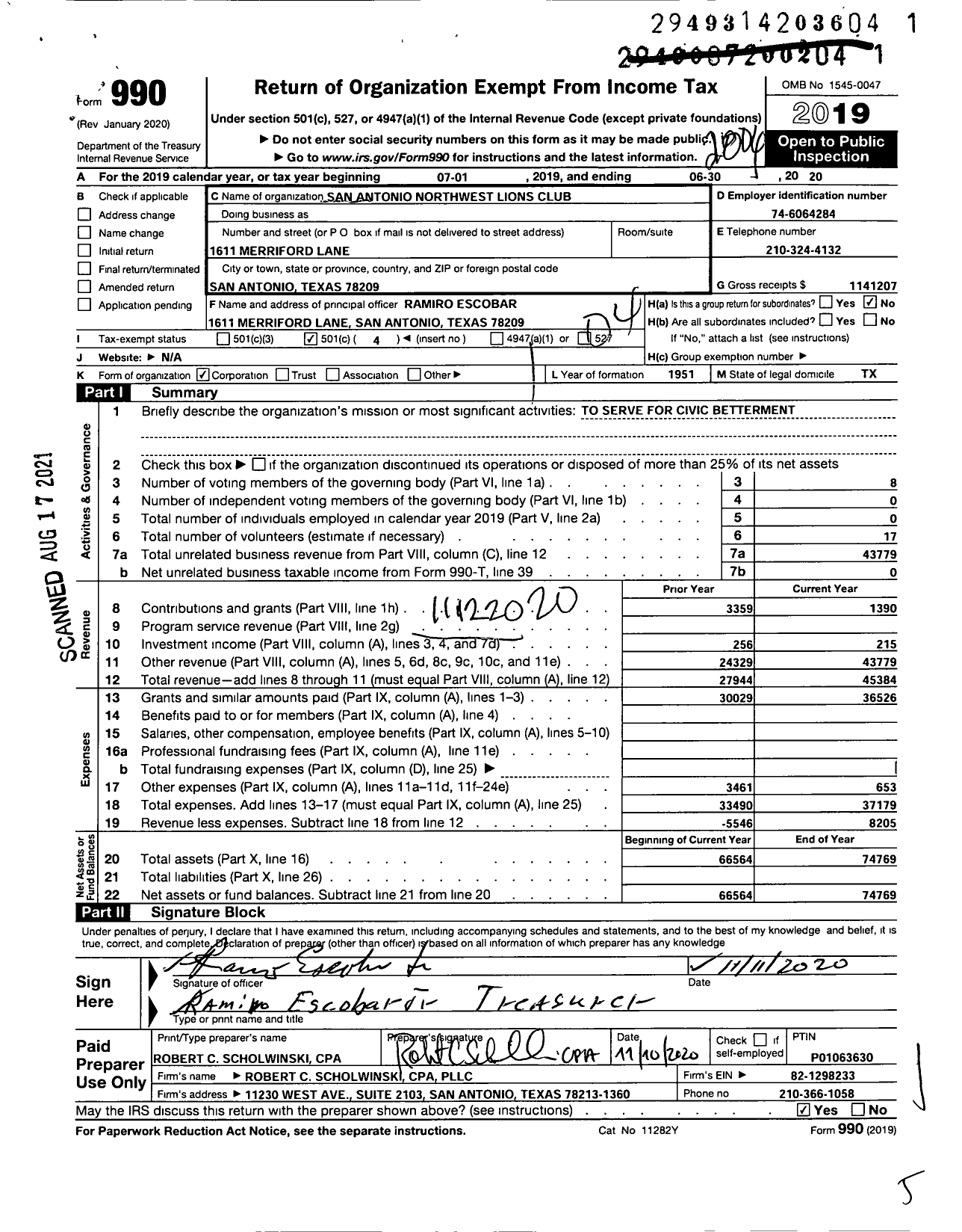 Image of first page of 2019 Form 990O for Lions Clubs - 1269 San Antonio Northwest