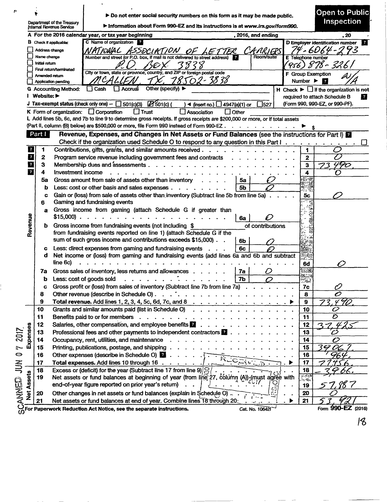 Image of first page of 2016 Form 990EO for National Association of Letter Carriers - 2130 MC Allen Texas