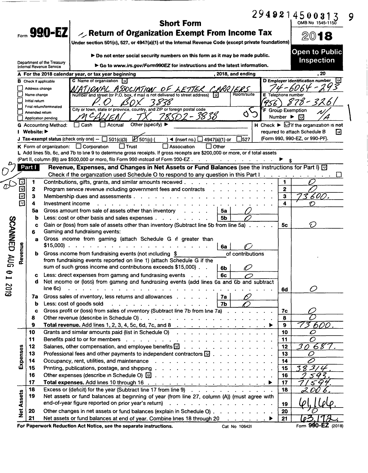 Image of first page of 2018 Form 990EO for National Association of Letter Carriers - 2130 MC Allen Texas