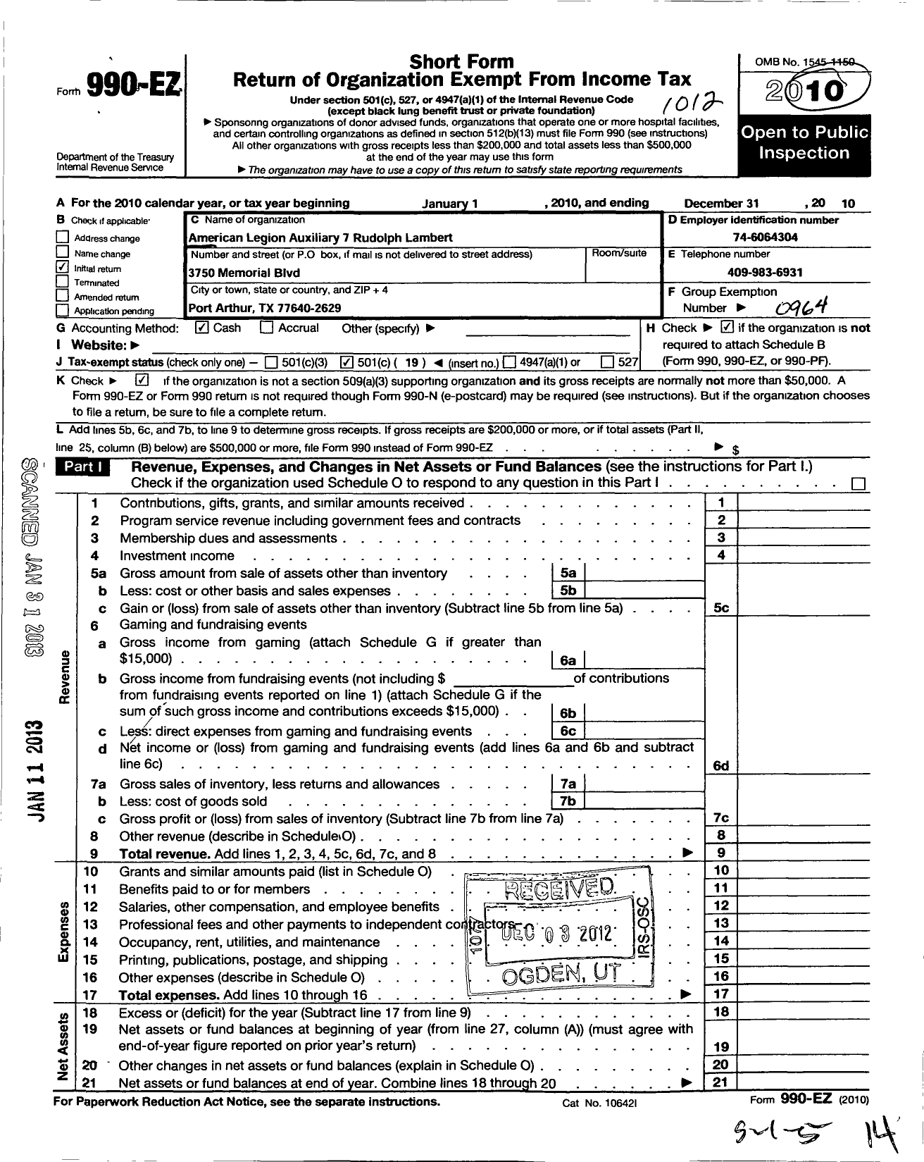 Image of first page of 2010 Form 990EO for American Legion Auxiliary - 7 Rudolph Lambert