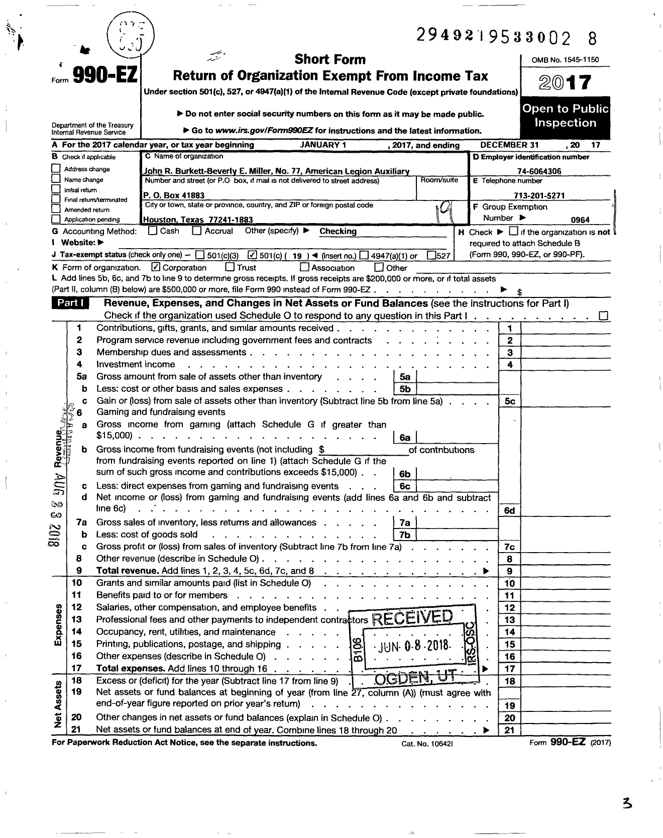 Image of first page of 2017 Form 990EO for American Legion Auxiliary - 77 John R Burkett-Beverly E Miller