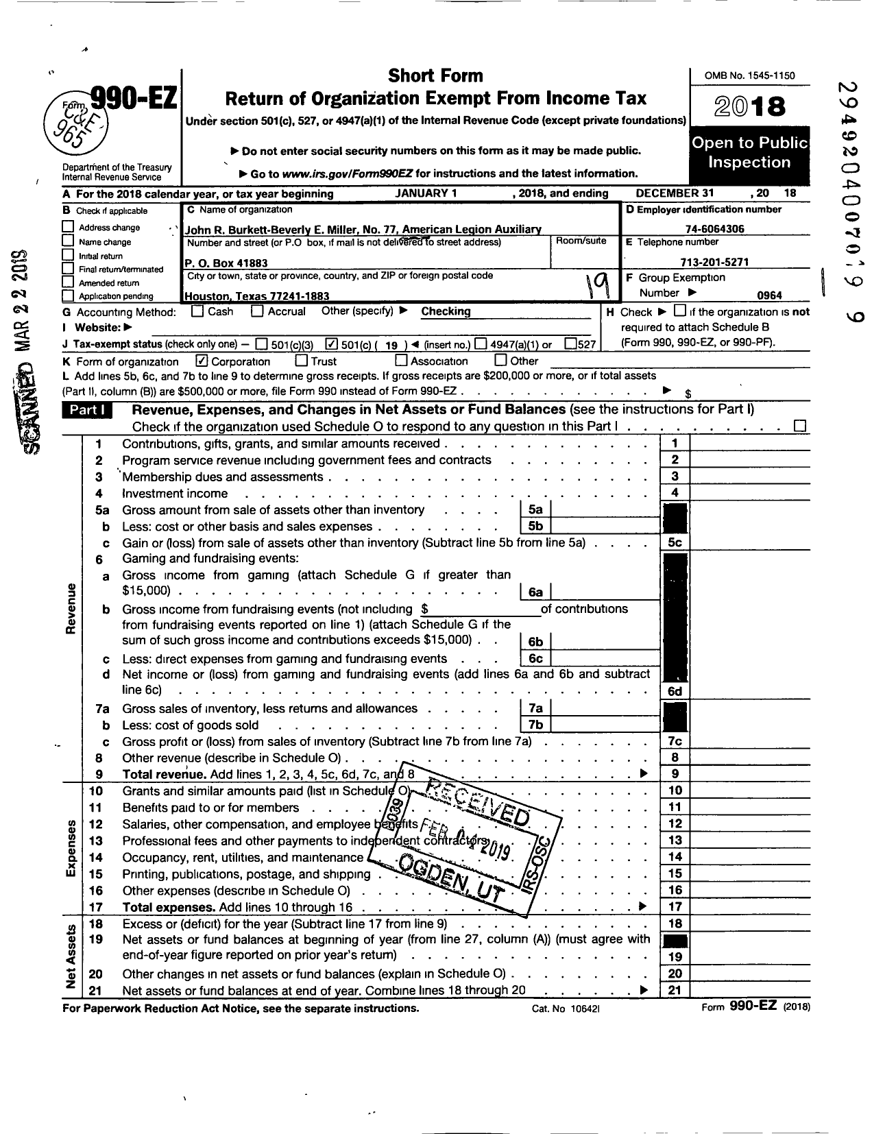Image of first page of 2018 Form 990EO for American Legion Auxiliary - 77 John R Burkett-Beverly E Miller