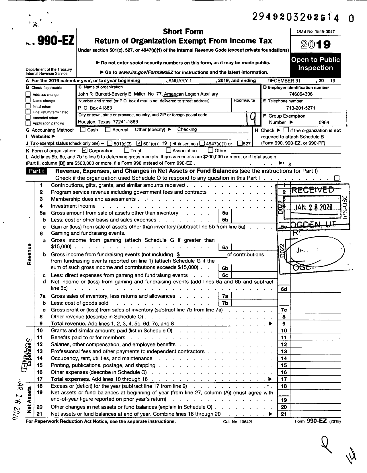 Image of first page of 2019 Form 990EO for American Legion Auxiliary - 77 John R Burkett-Beverly E Miller