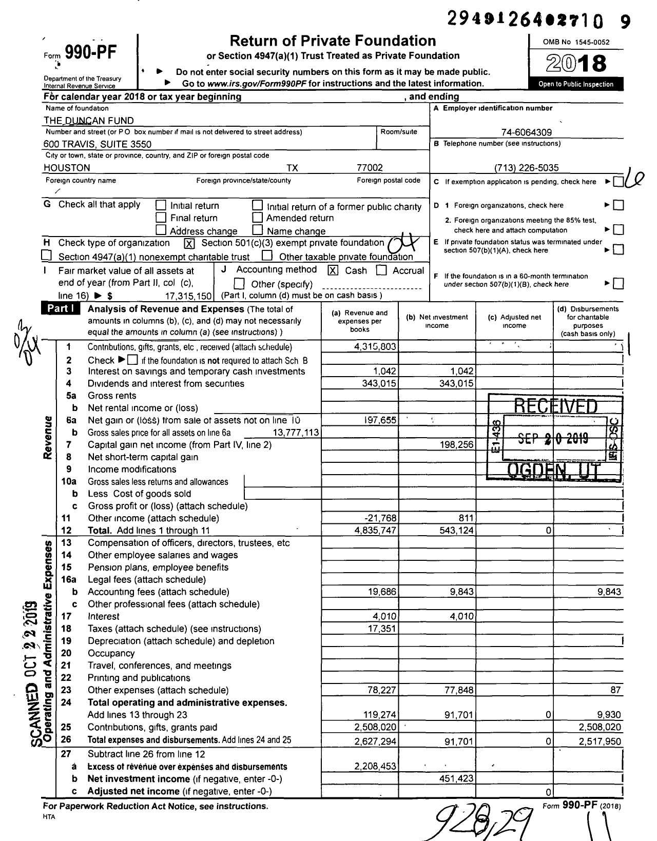 Image of first page of 2018 Form 990PF for The Duncan Fund