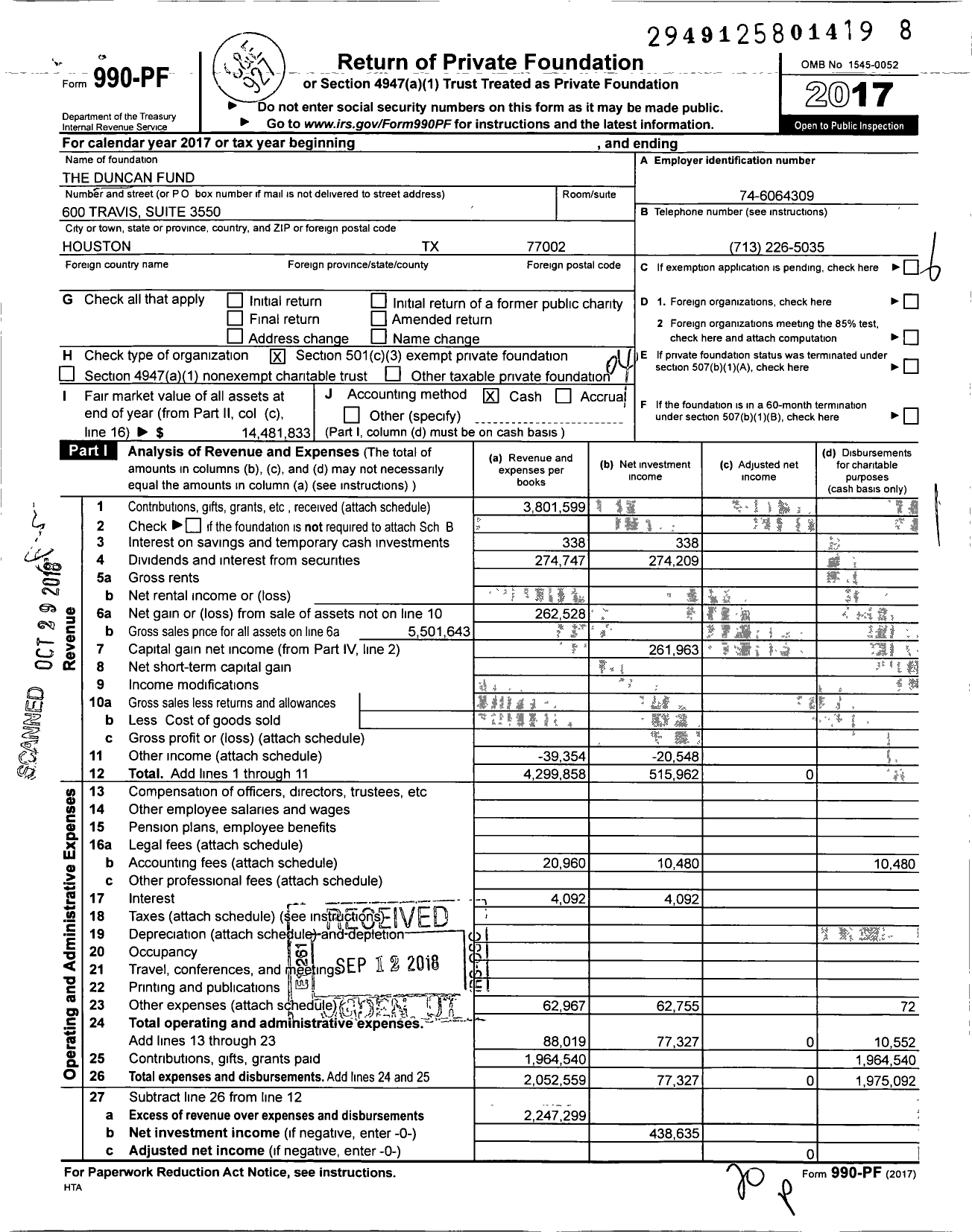 Image of first page of 2017 Form 990PF for The Duncan Fund