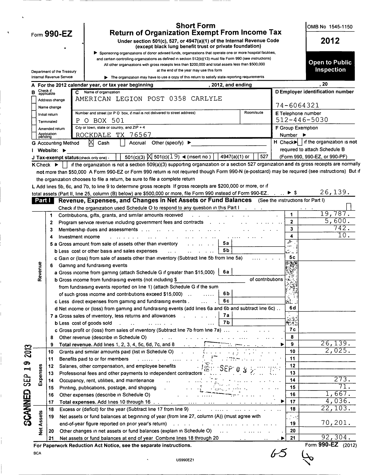 Image of first page of 2012 Form 990EO for American Legion