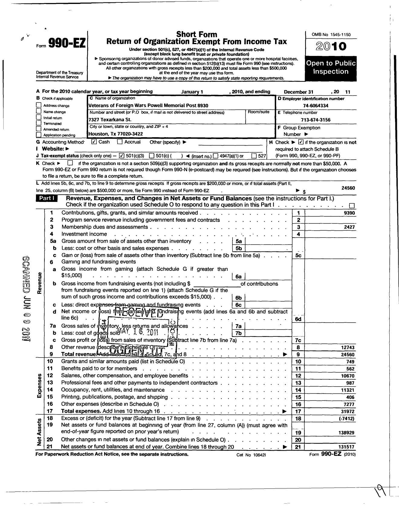 Image of first page of 2010 Form 990EZ for Texas VFW - 8930 Powell Memorial