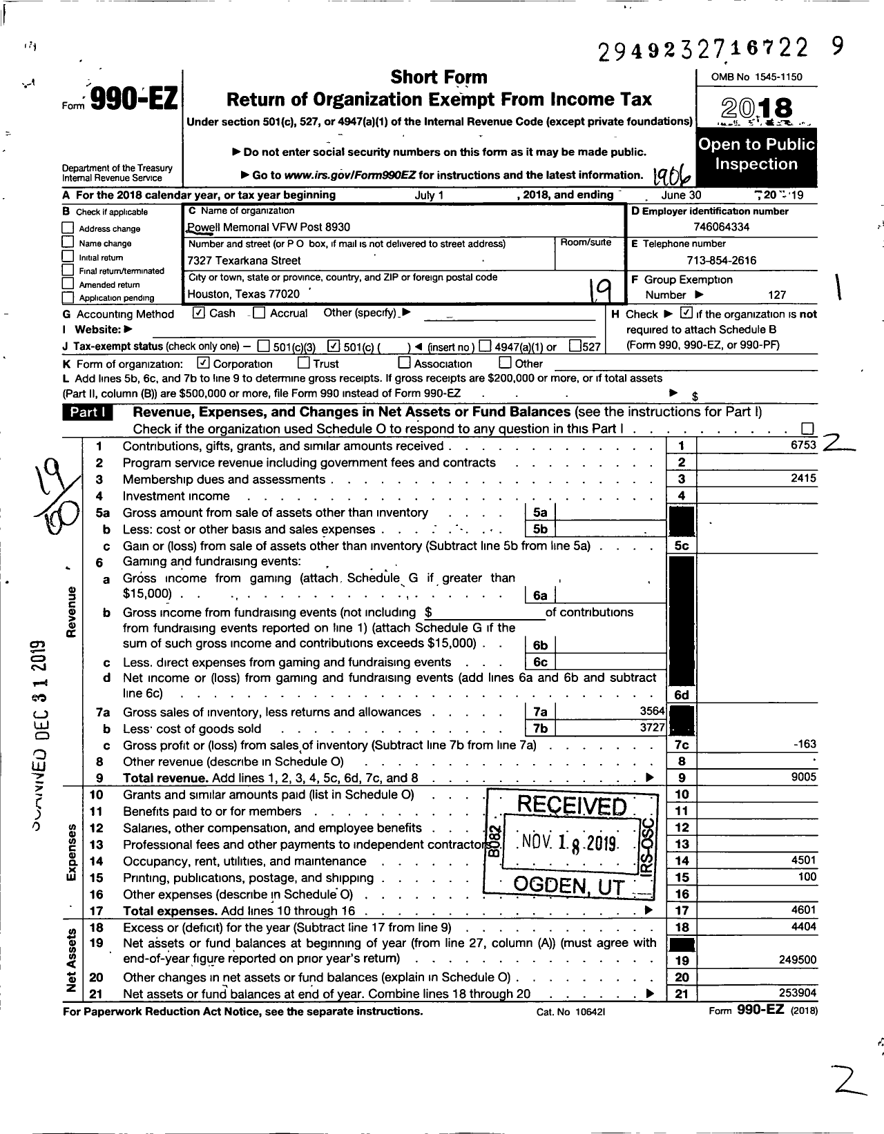 Image of first page of 2018 Form 990EO for Texas VFW - 8930 Powell Memorial