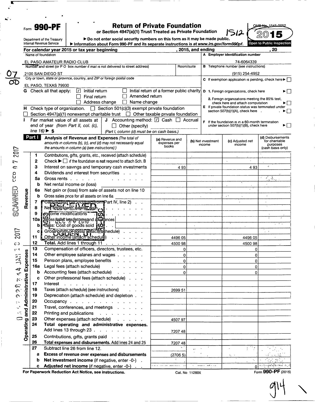 Image of first page of 2015 Form 990PF for El Paso Amateur Radio Club