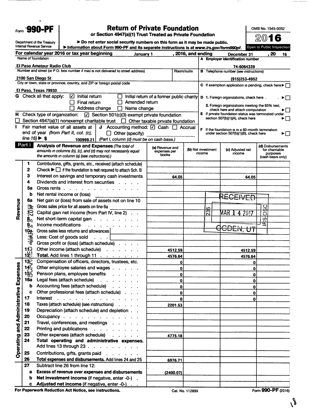 Image of first page of 2016 Form 990PF for El Paso Amateur Radio Club