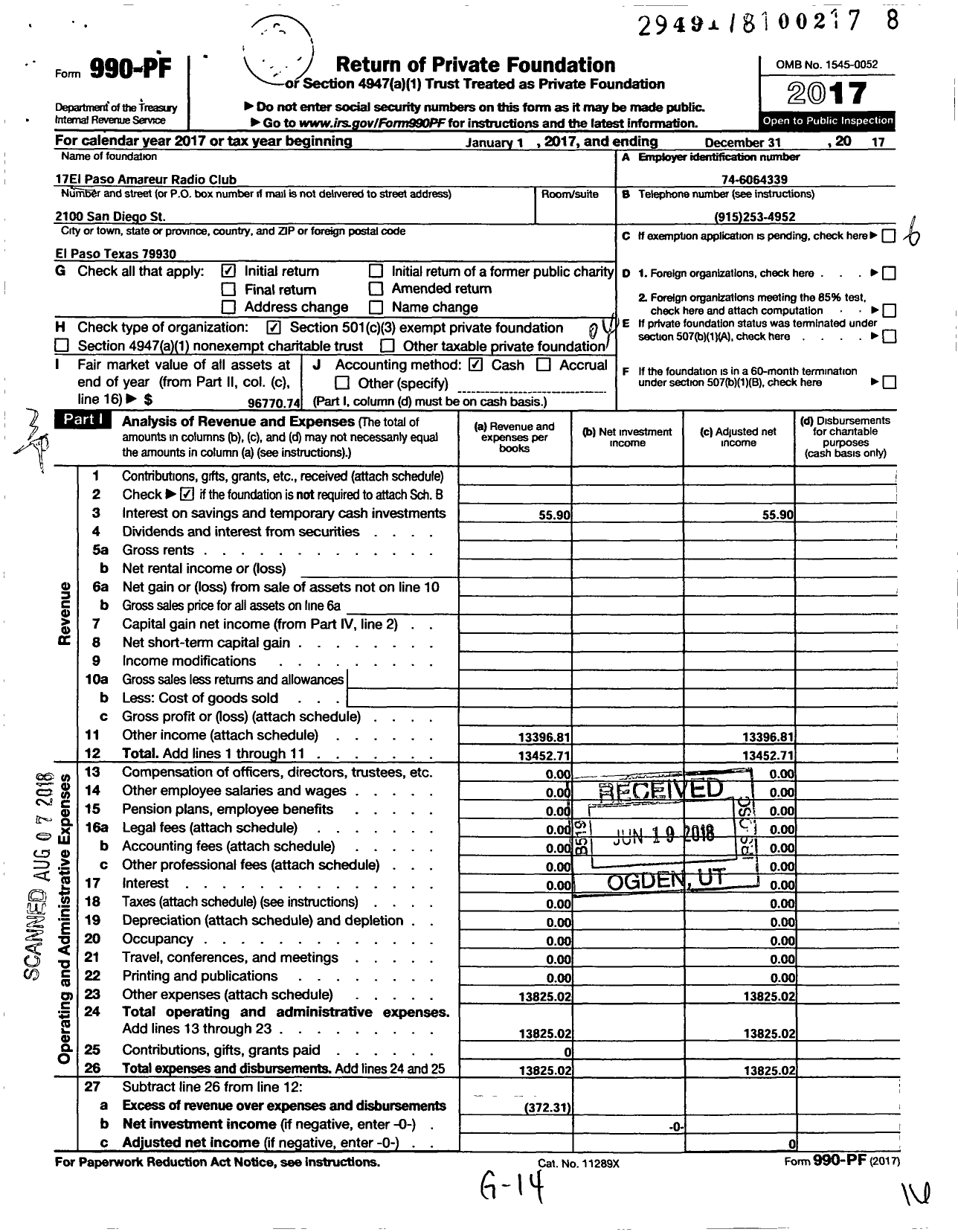 Image of first page of 2017 Form 990PF for El Paso Amateur Radio Club